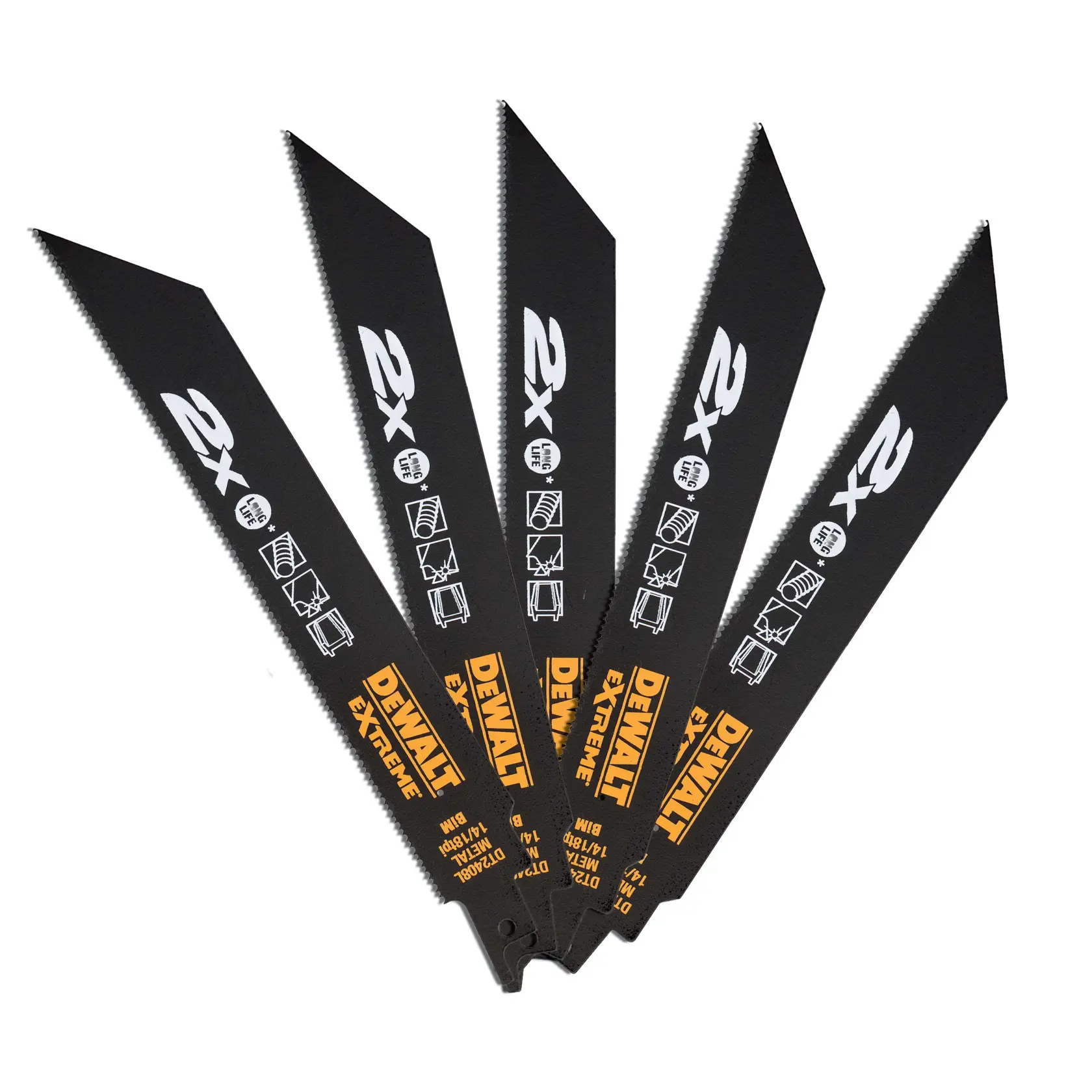 Five DEWALT black reciprocating saw blades fanned out, with yellow and white branding and icons.