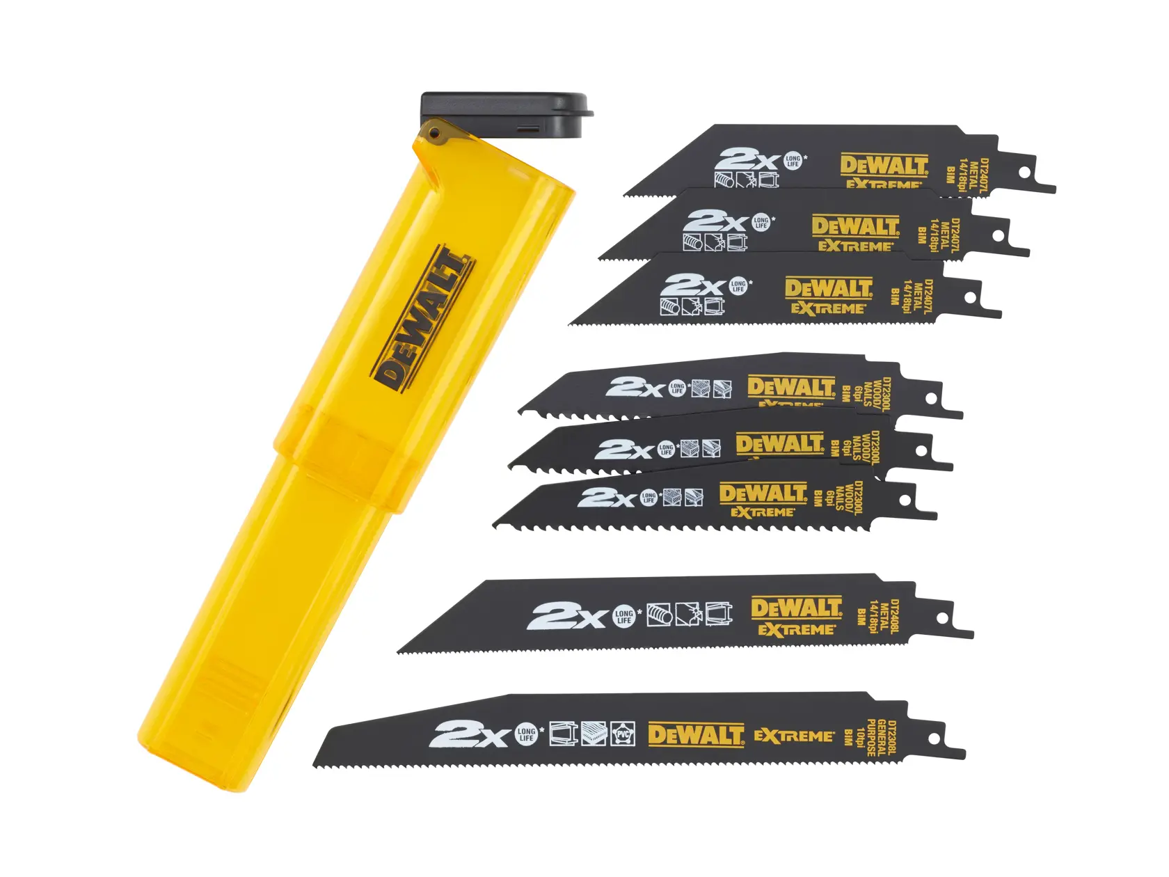 Juego de hojas DEWALT DT2443L con estuche amarillo, incluye ocho hojas negras.