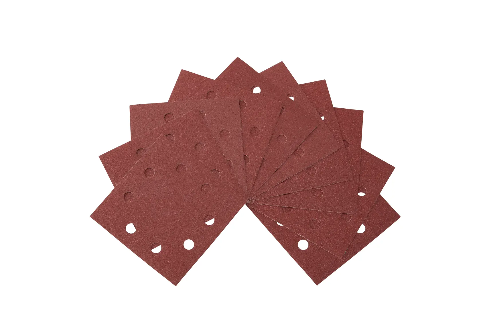 A set of rectangular DEWALT sandpaper sheets with circular holes, fanned out on a white background.