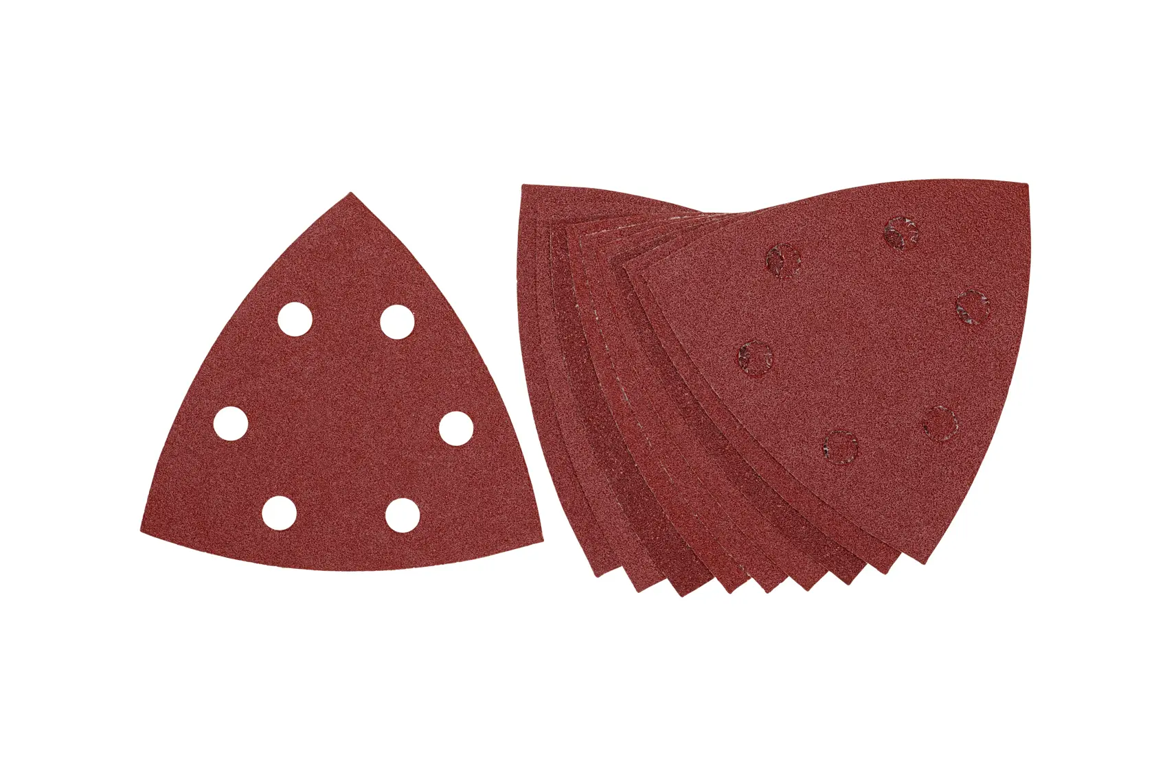 Triangle sanding sheets with holes, stacked and single, for detail sanders on white background.