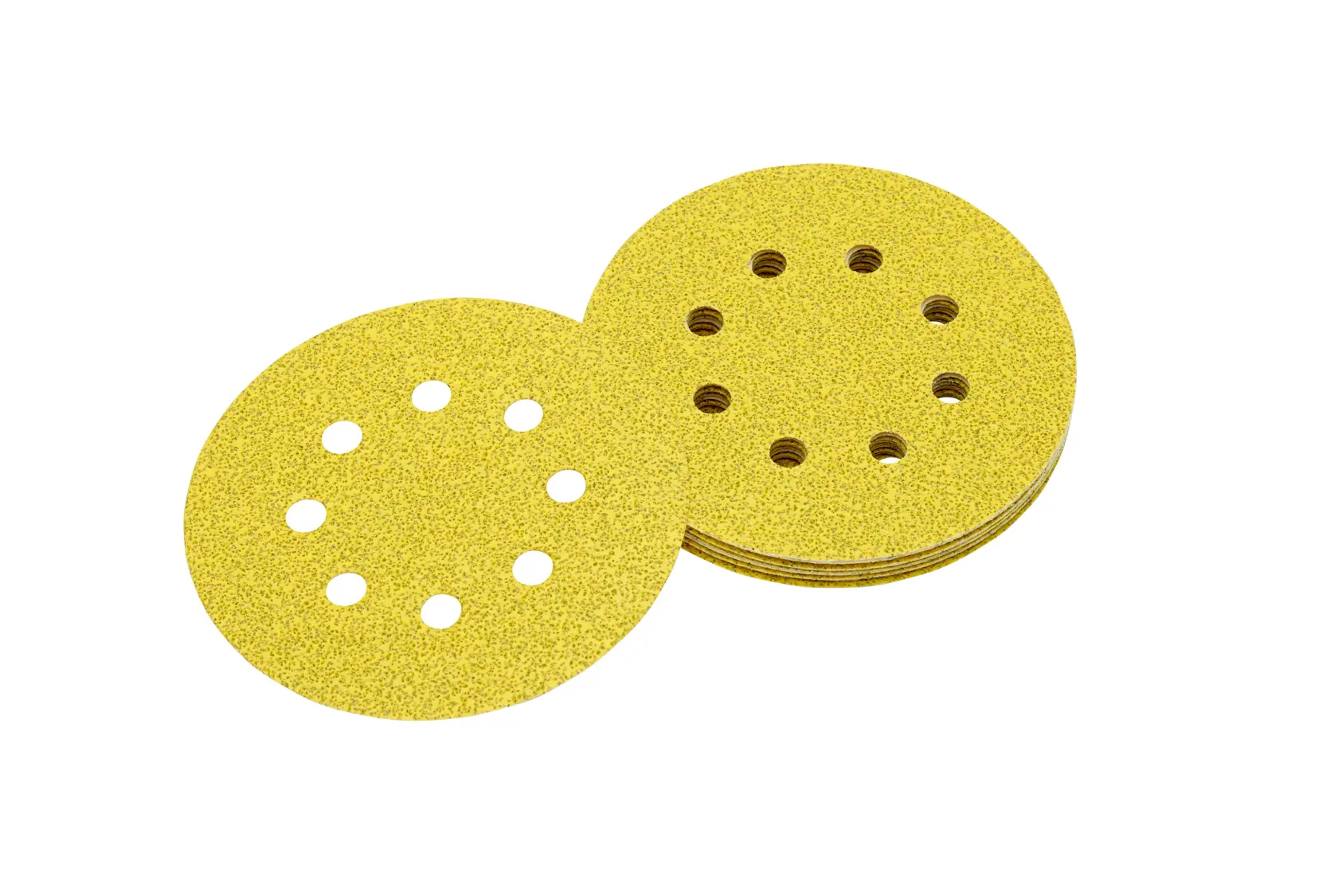 Stack of yellow DEWALT sanding discs with round holes for dust extraction.