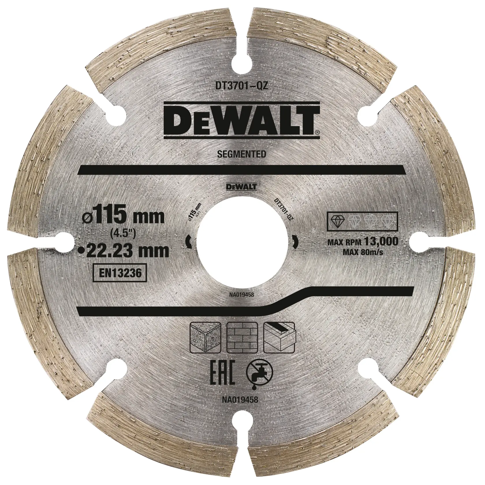 A DEWALT segmented diamond cutting disc, model DT3701, for masonry and construction materials. The blade diameter is 115 mm (4.5 inches) with a 22.23 mm arbor. The disc has a maximum speed of 13,000 RPM and features engraved technical details and safety icons.