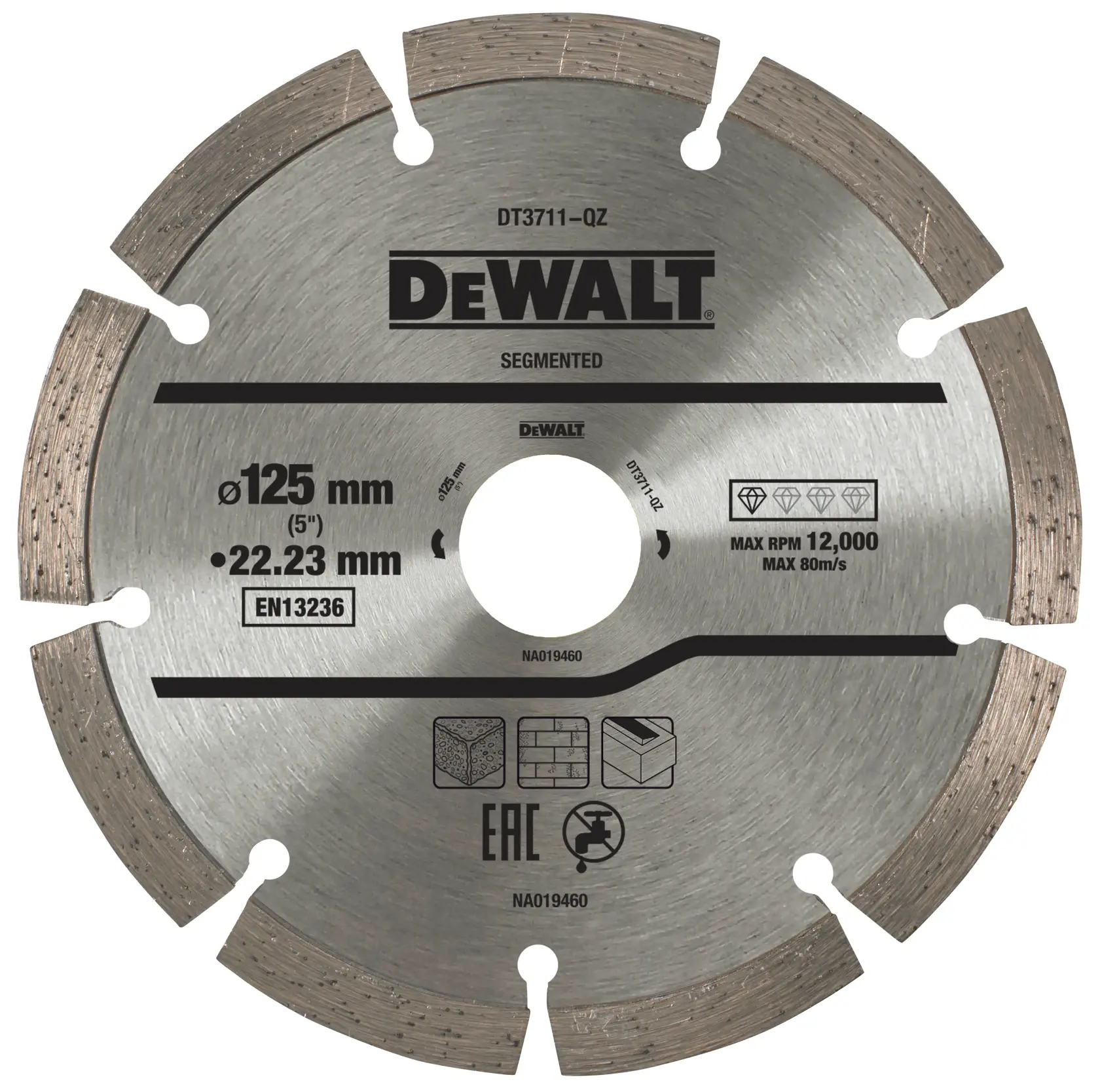 DEWALT DT3711 segmented diamond saw blade, 125mm diameter, for cutting stone, concrete, and masonry.