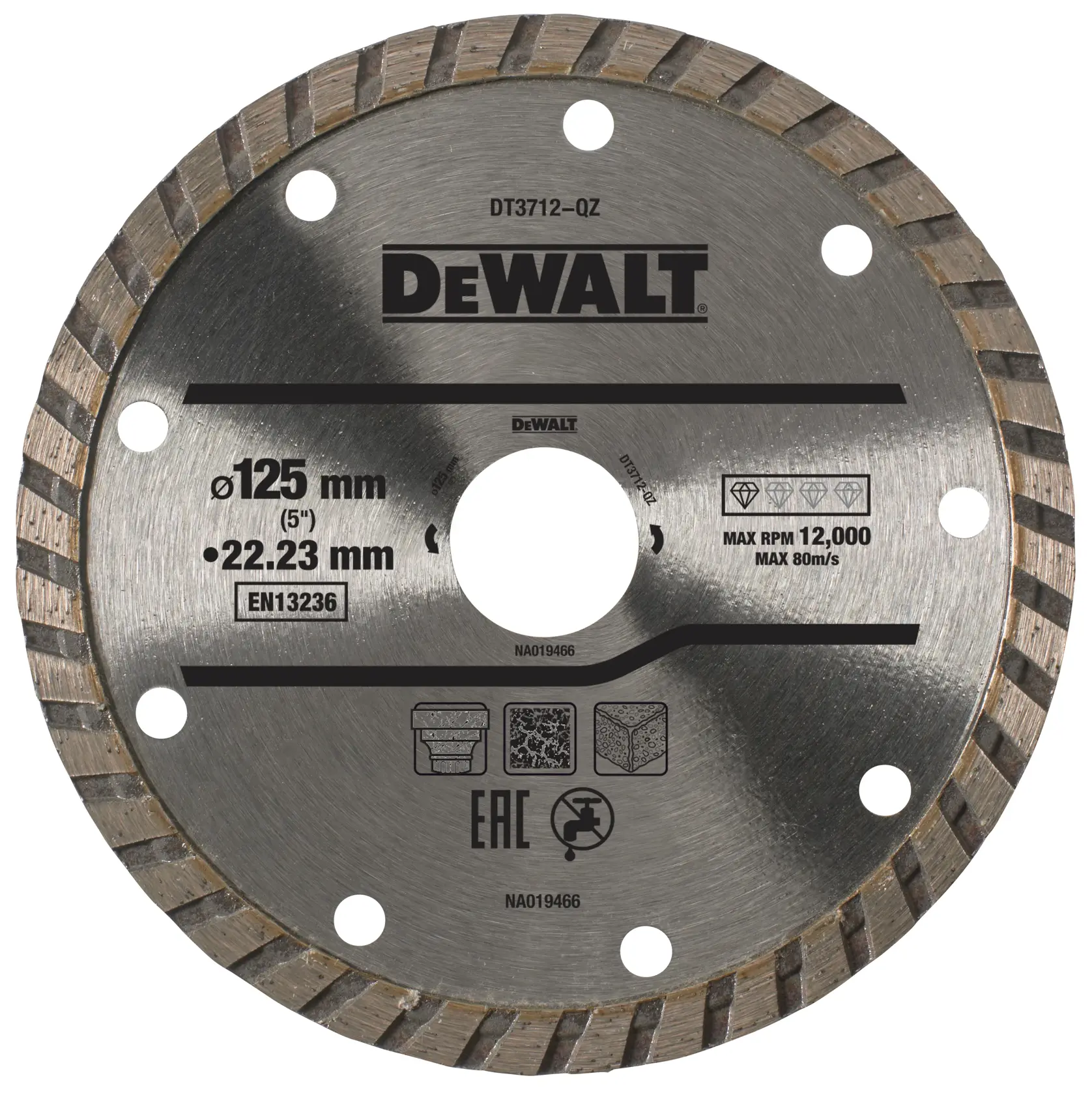 A DEWALT DT3712-QZ diamond cutting disc with a diameter of 125 mm and a bore size of 22.23 mm. The disc features a segmented rim, multiple mounting holes, and is marked with usage instructions and specifications, including a maximum RPM of 12,000 and a maximum speed of 80 m/s. Suitable for cutting various materials such as tiles and concrete.