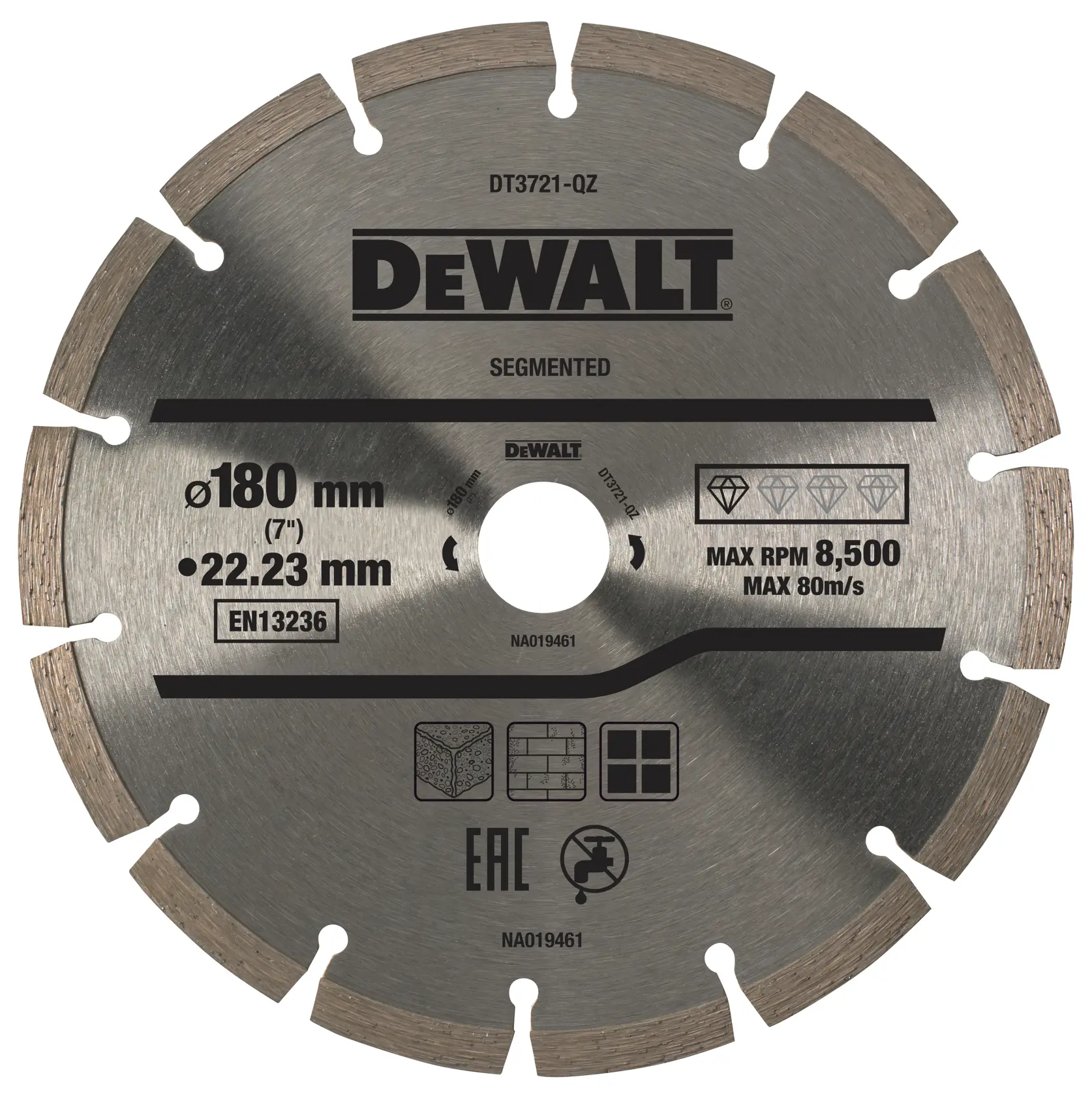 DEWALT segmented diamond blade DT3721, 180mm diameter for cutting concrete, brick, and masonry materials.