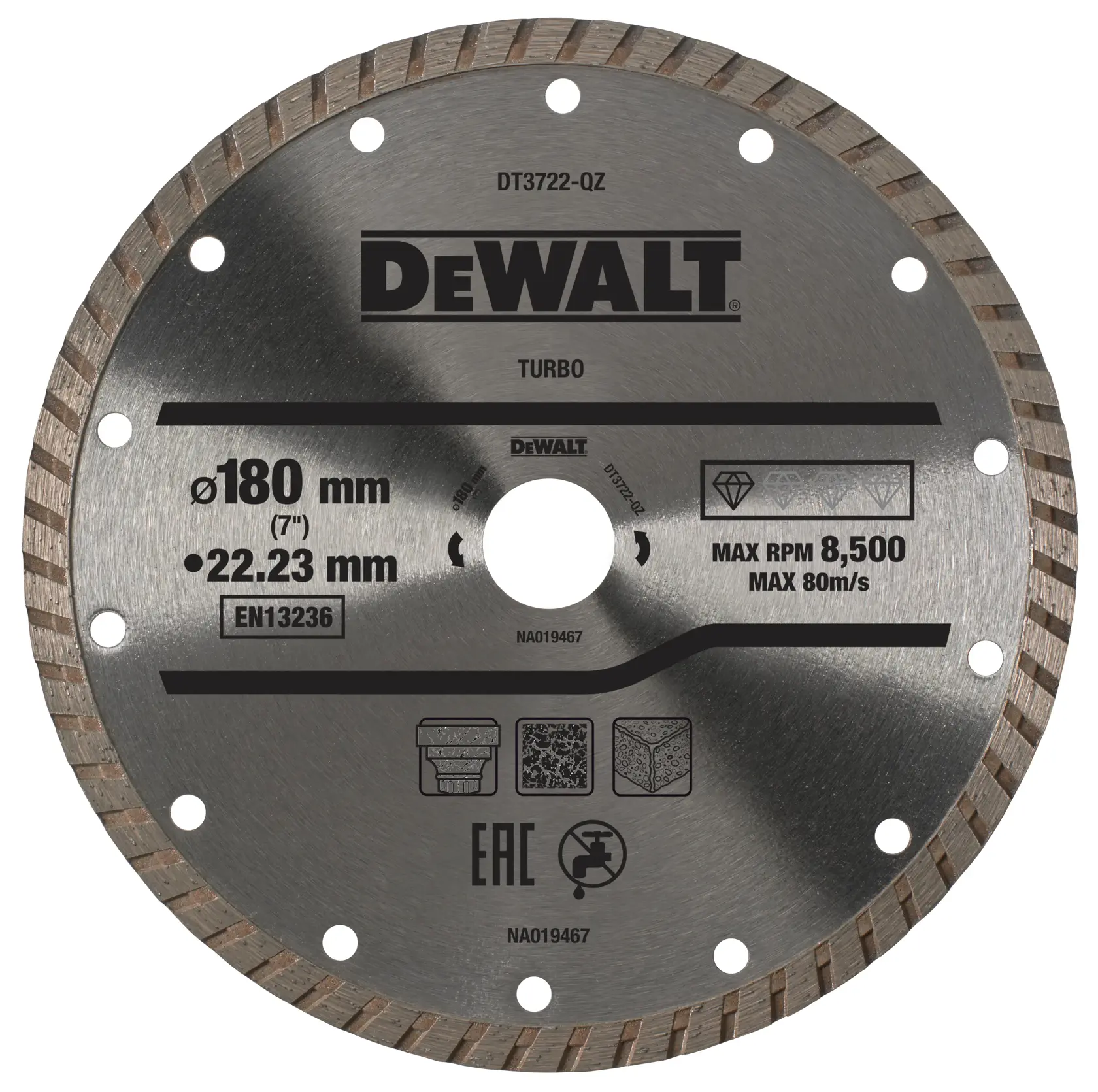 DEWALT DT3722 180mm turbo diamond blade for cutting. Silver, circular rim with specs and icons printed on surface.