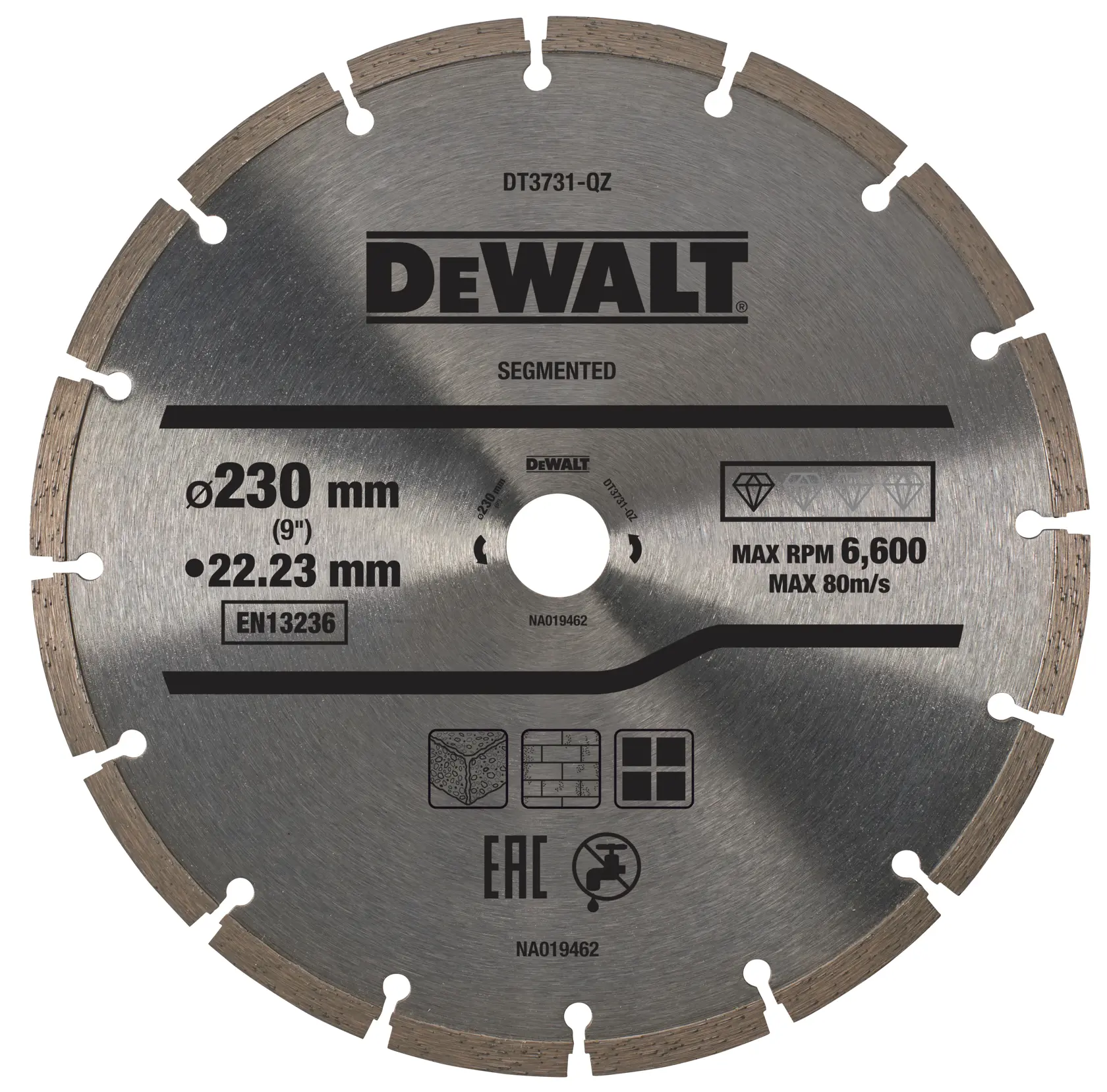 Segmented DEWALT 230mm blade for cutting, labeled DT3731, with max speed and material icons.