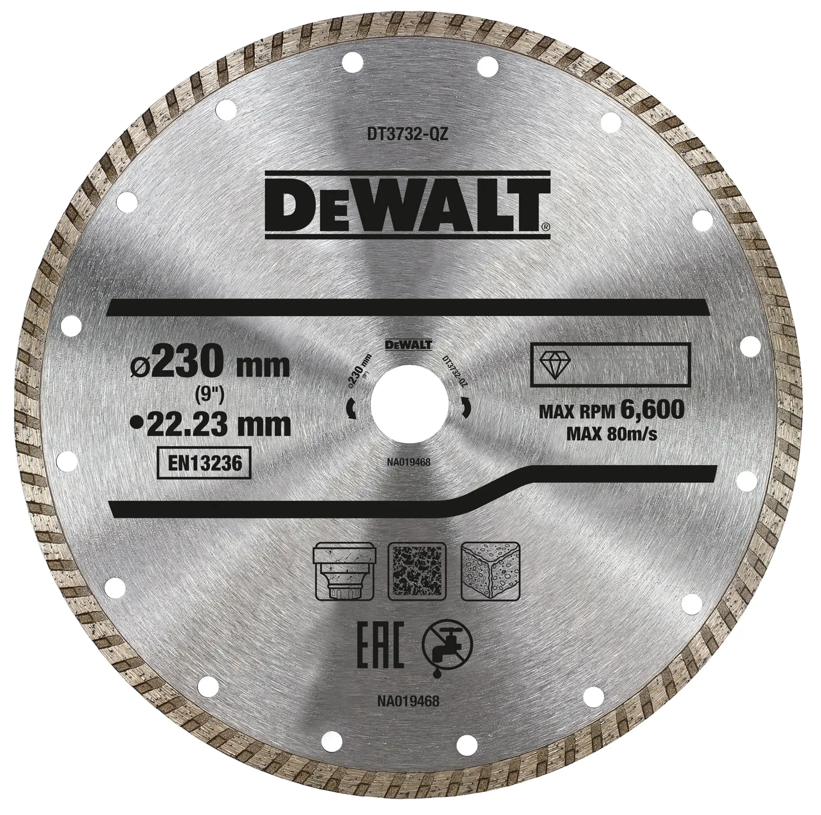 Circular metal DEWALT diamond cutting blade, model DT3732, with a diameter of 230 mm and a bore of 22.23 mm, designed for use in power tools. The blade features labeled specifications, maximum RPM of 6,600, and icons indicating usage for stone, bricks, and concrete.