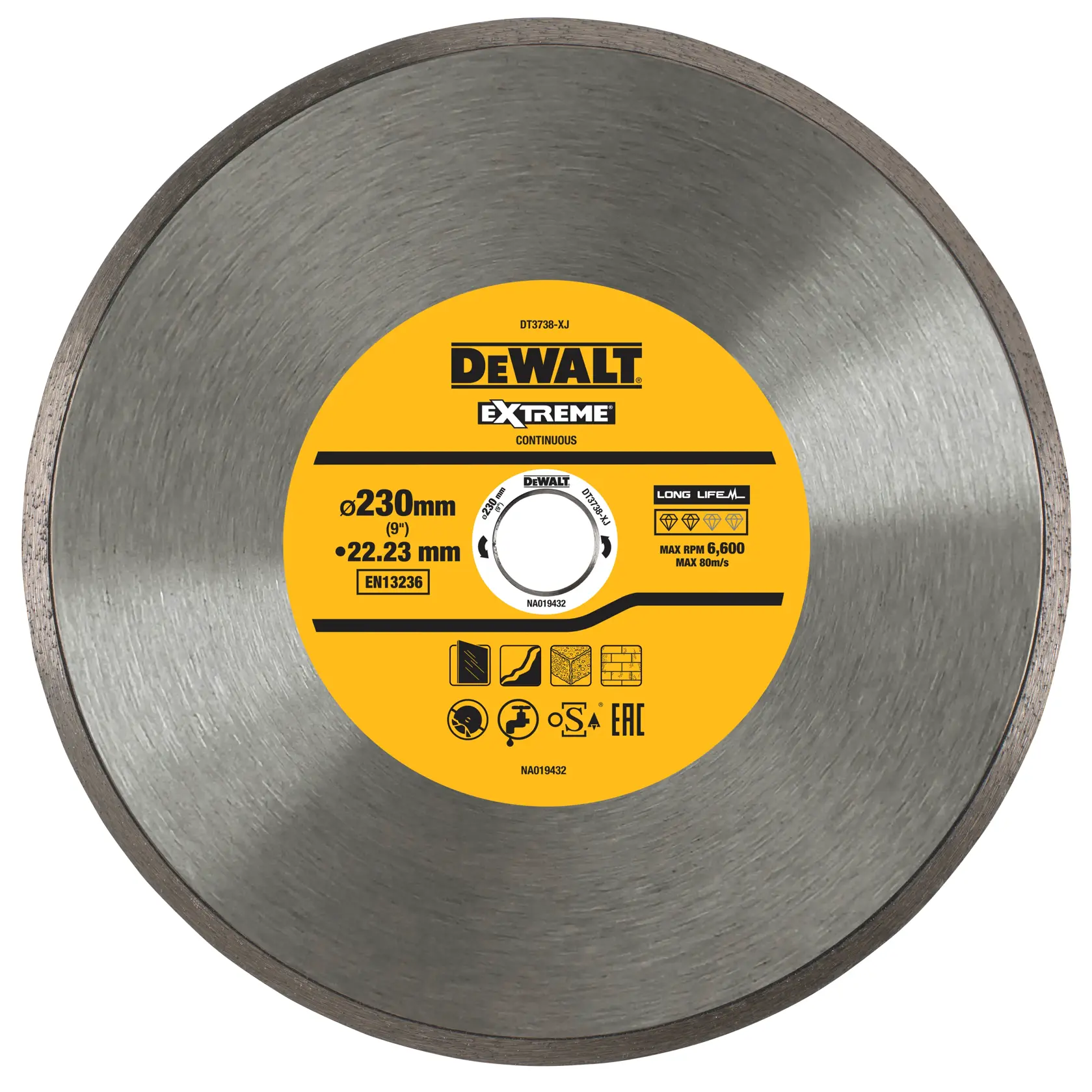 DEWALT DT3738 Extreme 230mm continuous diamond blade for cutting bricks, tiles, and concrete.