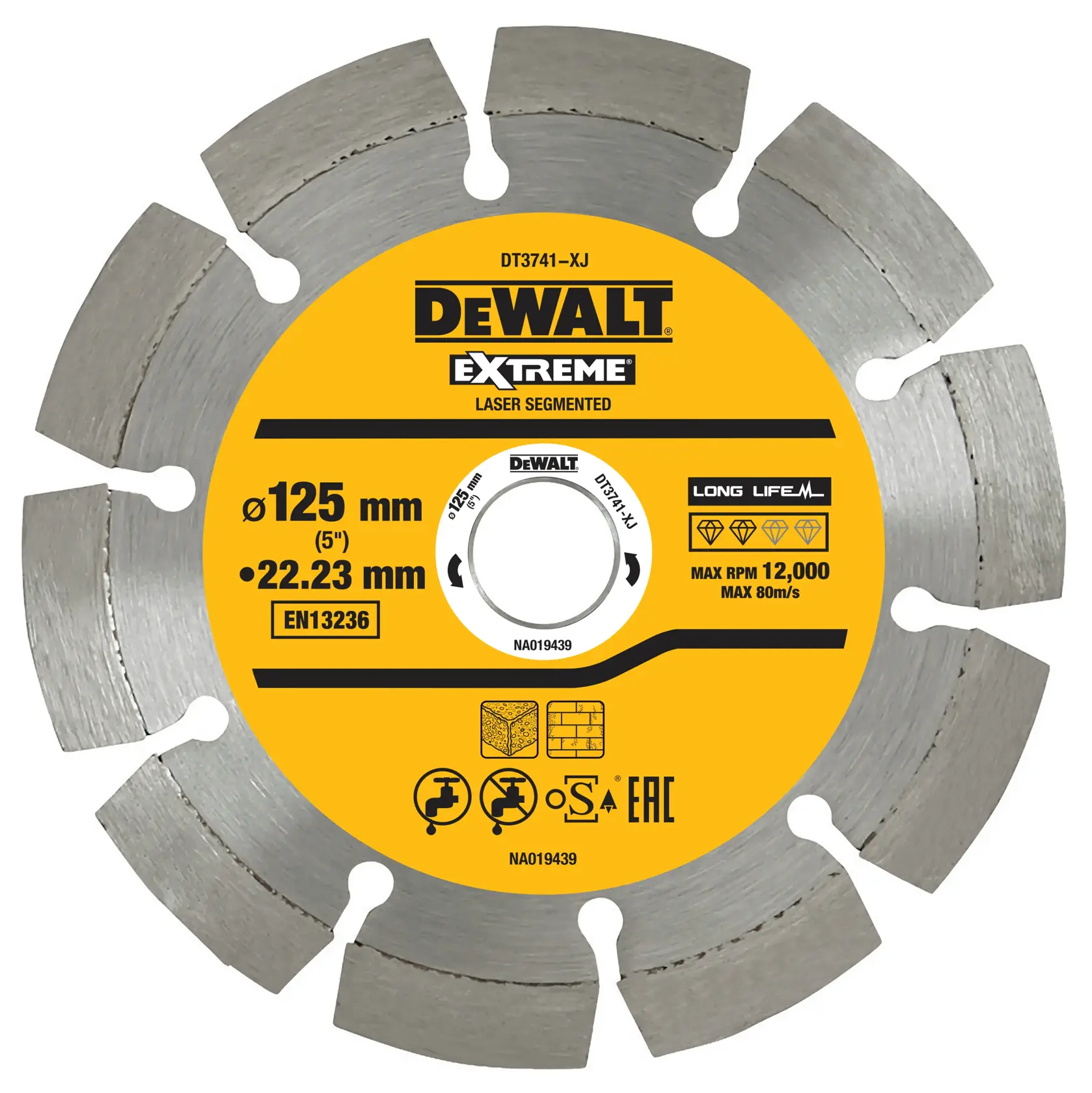 DEWALT DT3741 circular saw blade, 125mm diameter, segmented laser, for masonry and stone cutting.