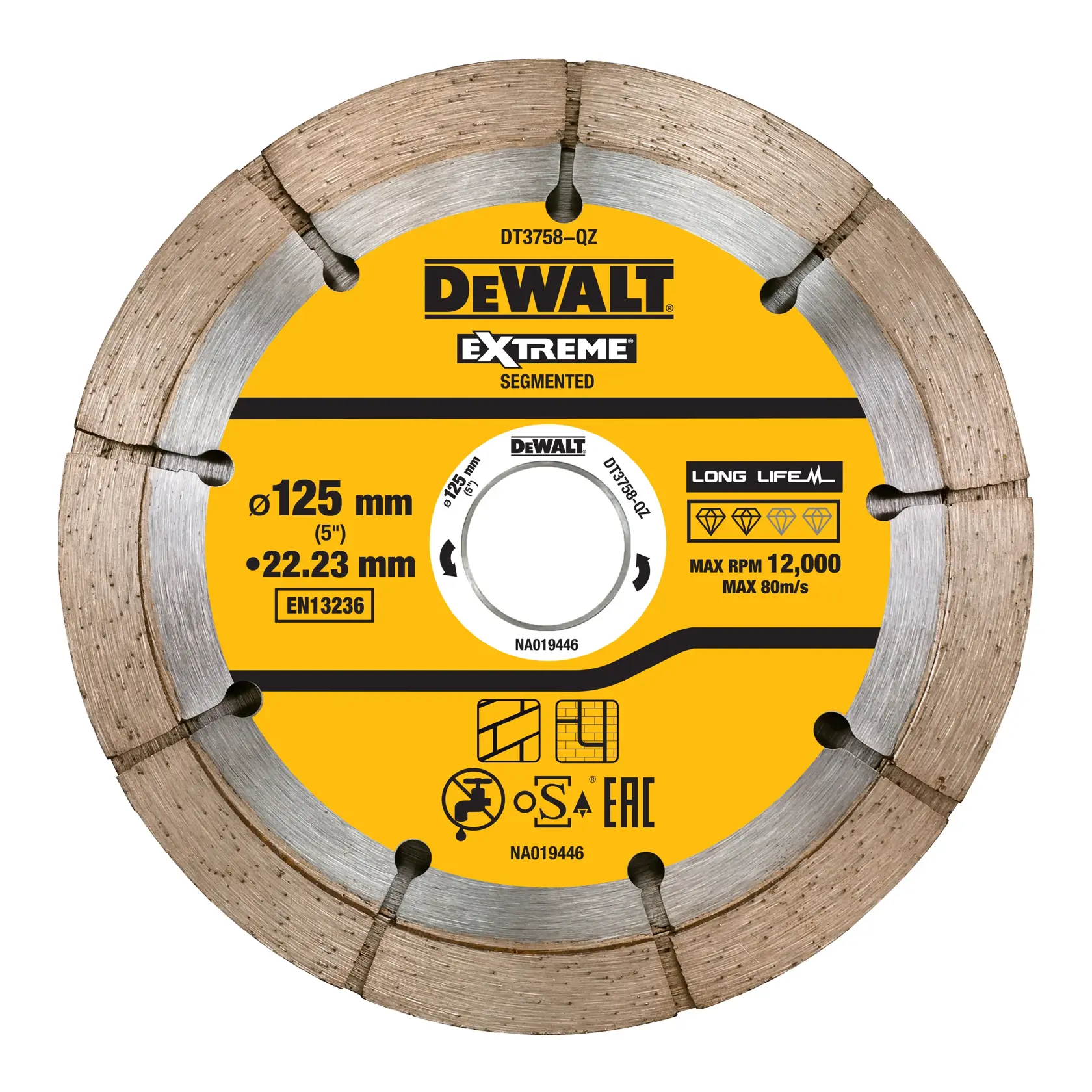 DEWALT DT3758 segmented diamond blade, 125mm diameter, yellow center, for cutting, max 12,000 RPM.