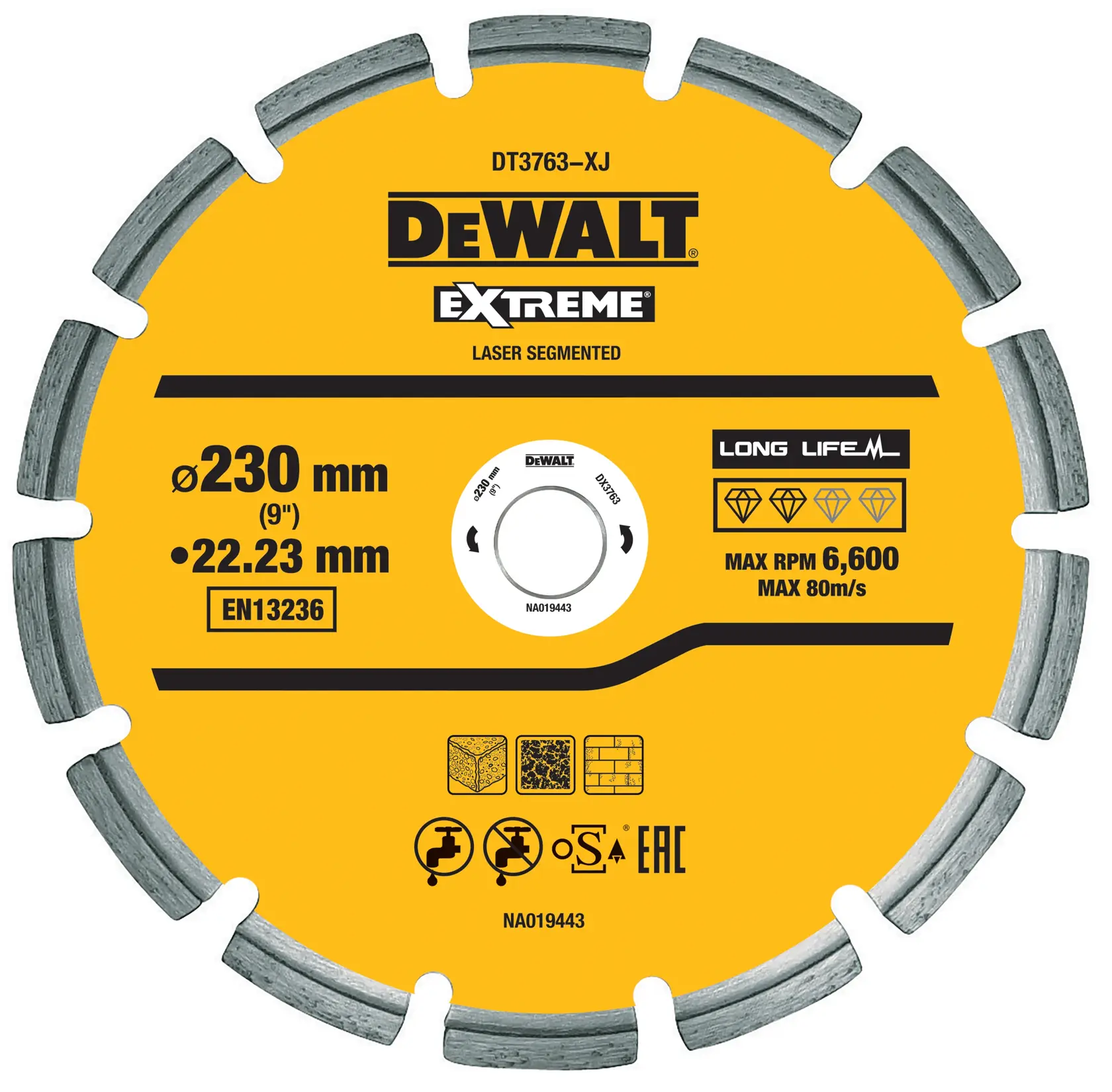 DEWALT DT3763 Extreme segmented diamond saw blade, 230mm diameter, 22.23mm bore, yellow with product details.