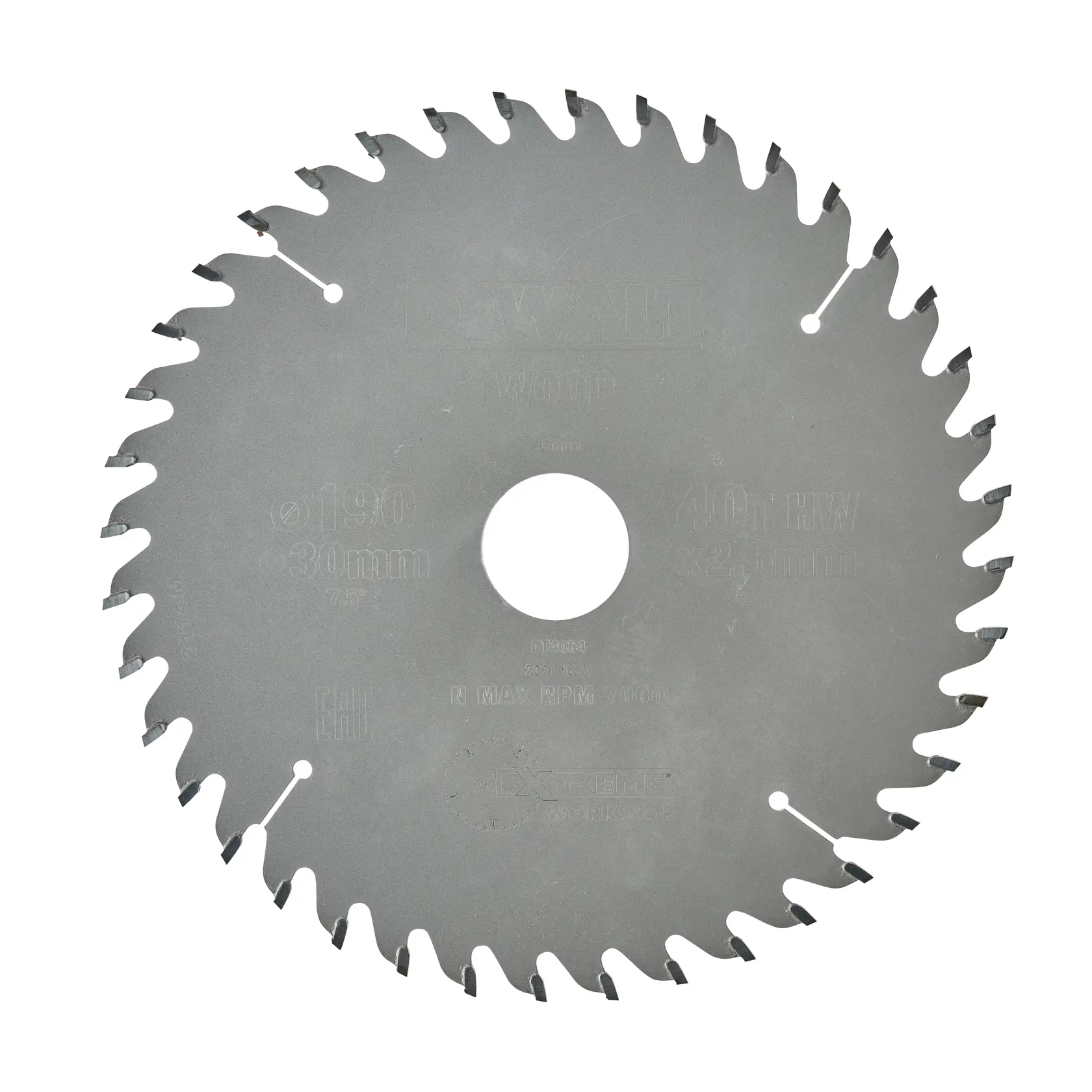 DEWALT DT4064 circular saw blade with sharp teeth for wood cutting, shown against a white background.