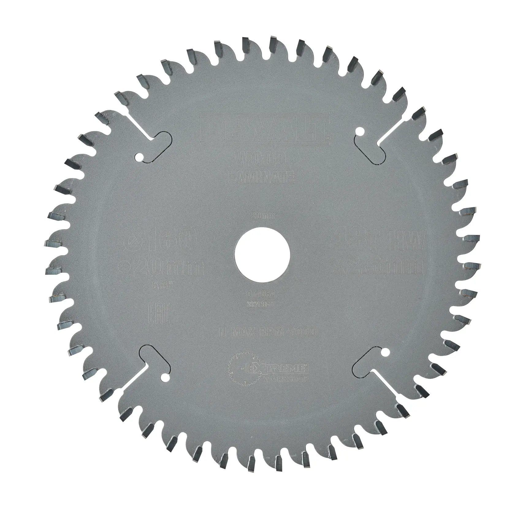 DEWALT DT4084 circular saw blade for wood and laminate, with sharp teeth and a central hole.