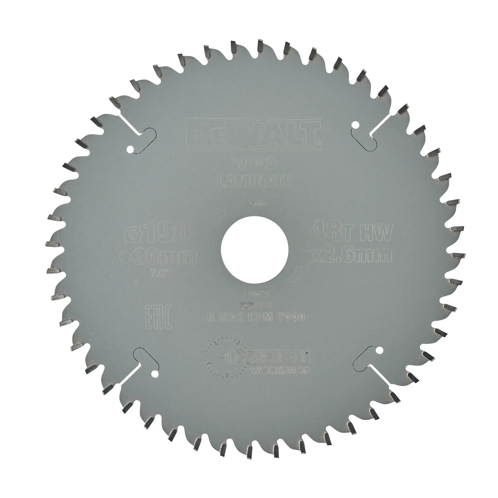DEWALT DT4094 circular saw blade for wood laminate, 48 teeth, 190mm diameter.