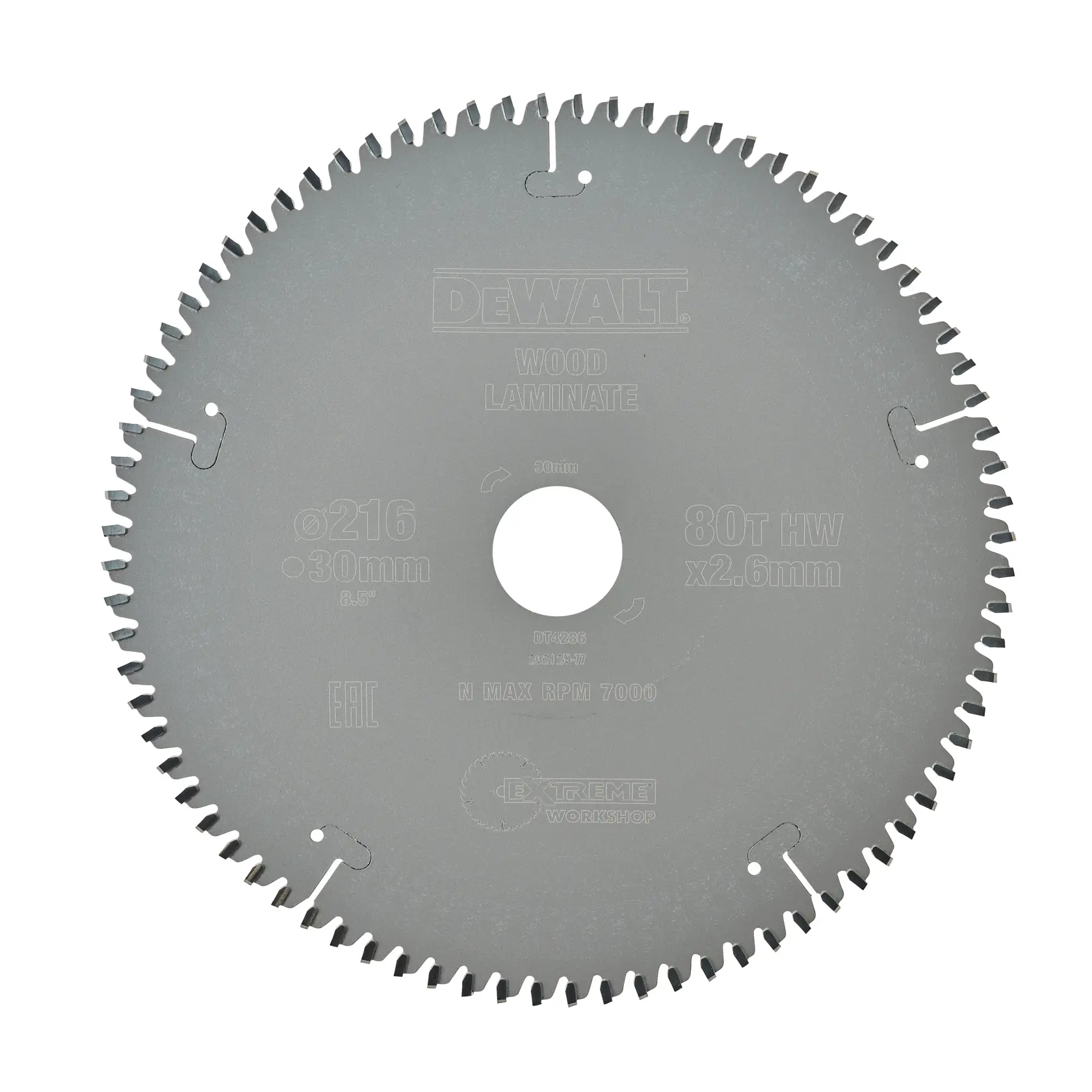 A DEWALT circular saw blade for wood and laminate, model DT4286, featuring 80 teeth and a diameter of 216 mm. The blade is grey and has detailed technical markings.