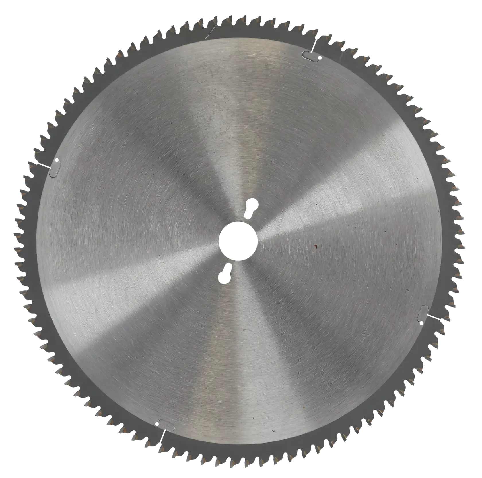 A close-up image of a circular saw blade with fine, evenly spaced teeth, made of metal.
