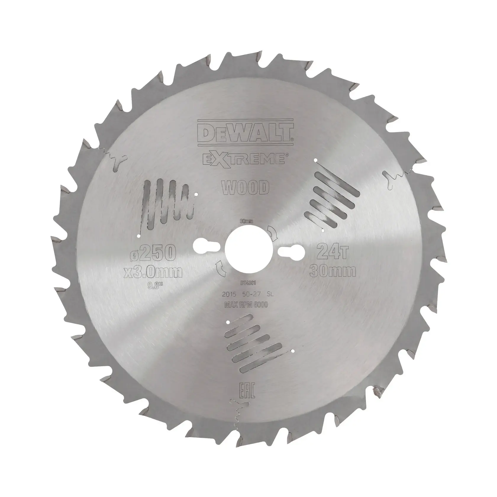 DEWALT DT4301 circular saw blade for wood, 250mm diameter, 24 teeth, 30mm bore, silver finish.