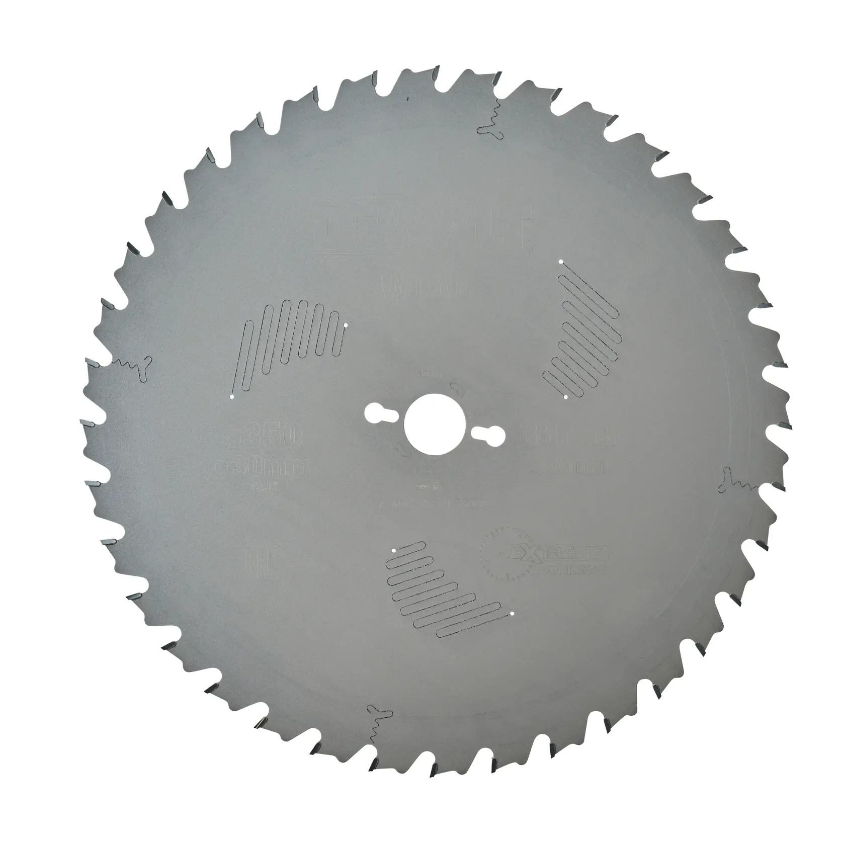 DEWALT DT4305 circular saw blade with sharp teeth and vents, designed for woodworking and precision cutting.