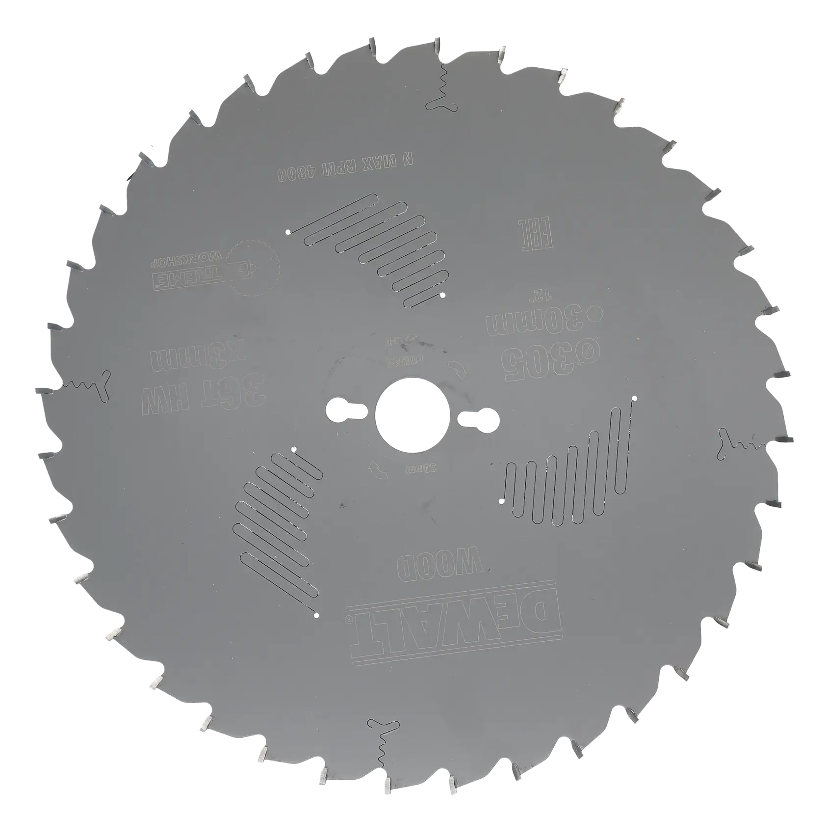A DEWALT circular saw blade for woodworking, model DT4330, featuring sharp teeth and precision slots for cutting efficiency. The blade is metallic and round, designed for professional use.