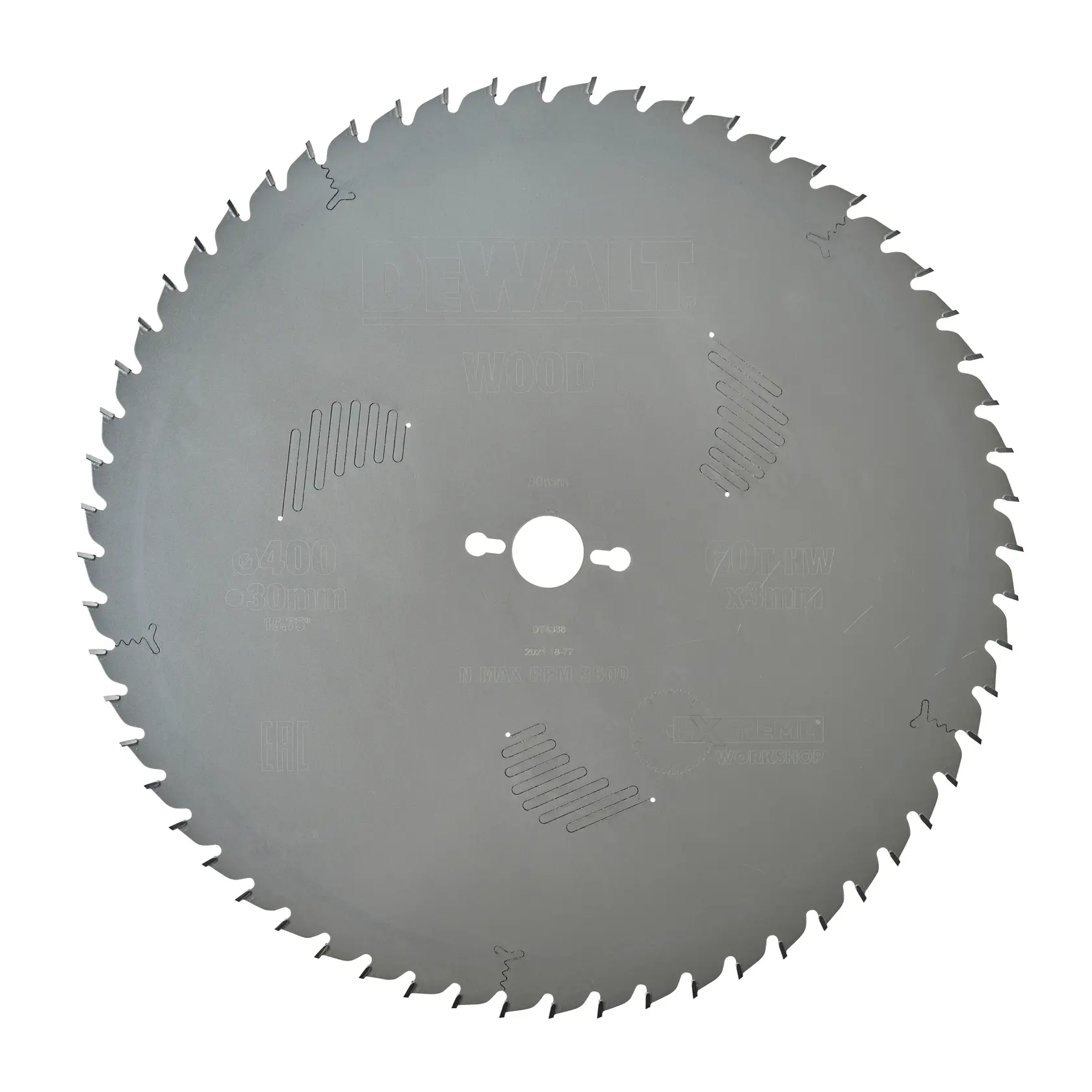 DEWALT DT4338 circular saw blade for wood, 400mm diameter, 70 teeth, silver color.