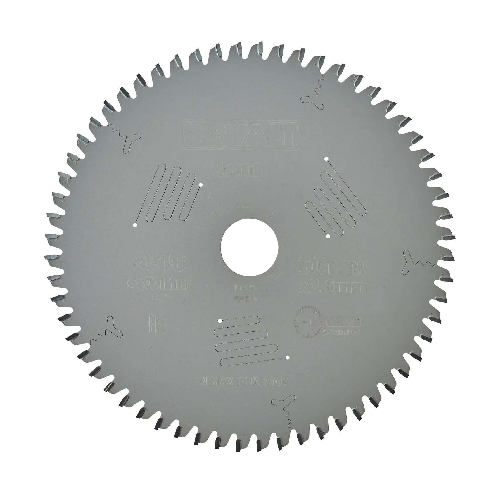 DEWALT circular saw blade for wood, silver color with sharp teeth around the edge and center mounting hole.
