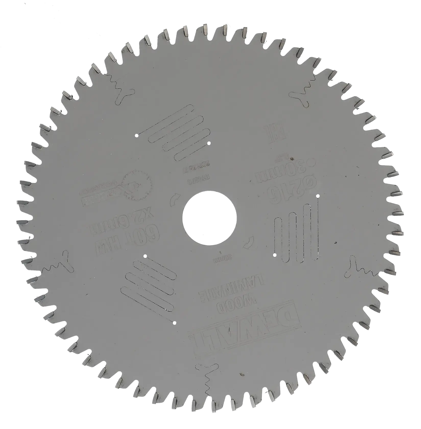 A circular saw blade for wood with multiple sharp teeth, featuring a central hole, manufactured by DEWALT.