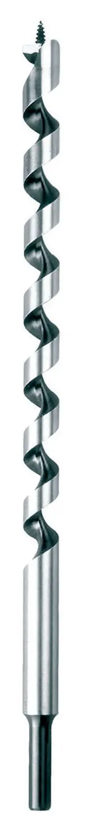 A close-up image of a DEWALT auger drill bit with a threaded tip, suitable for drilling into wood. The drill bit is metallic with a helical design and a cylindrical shank.