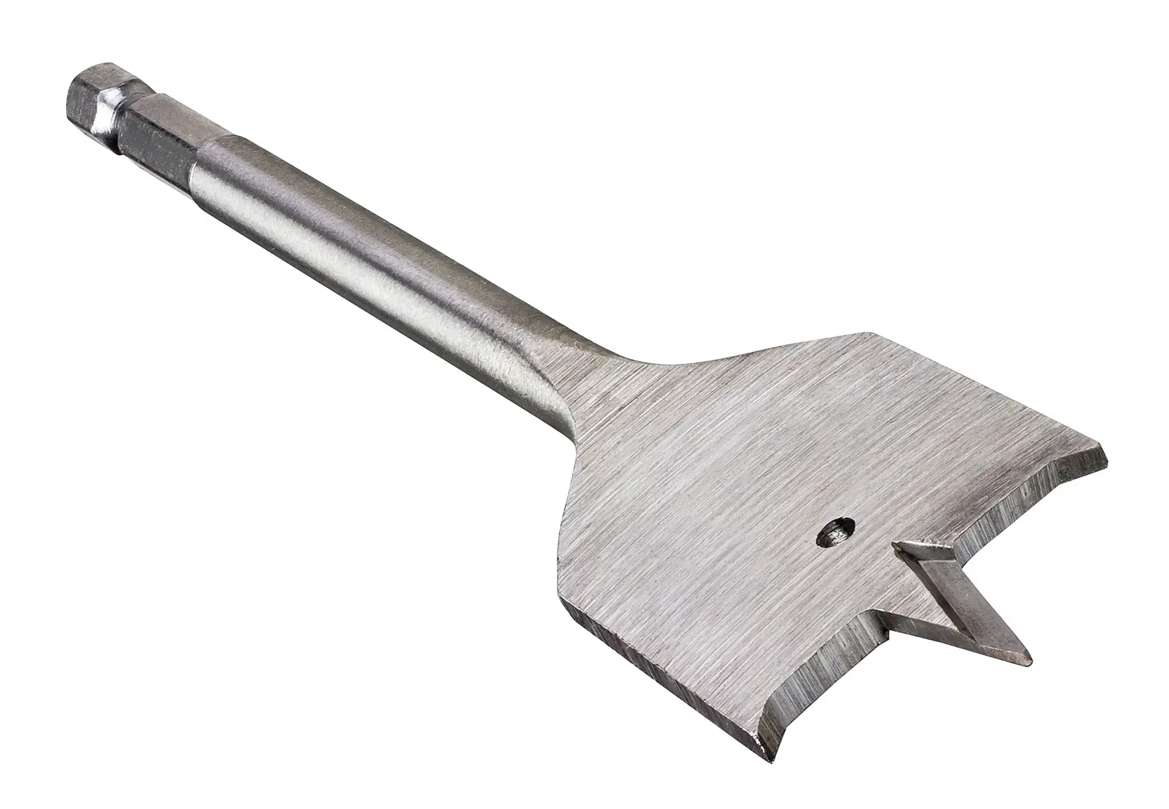 A close-up image of a DEWALT flat wood drill bit with a hexagonal shank and pointed tip, designed for making large diameter holes in wood.