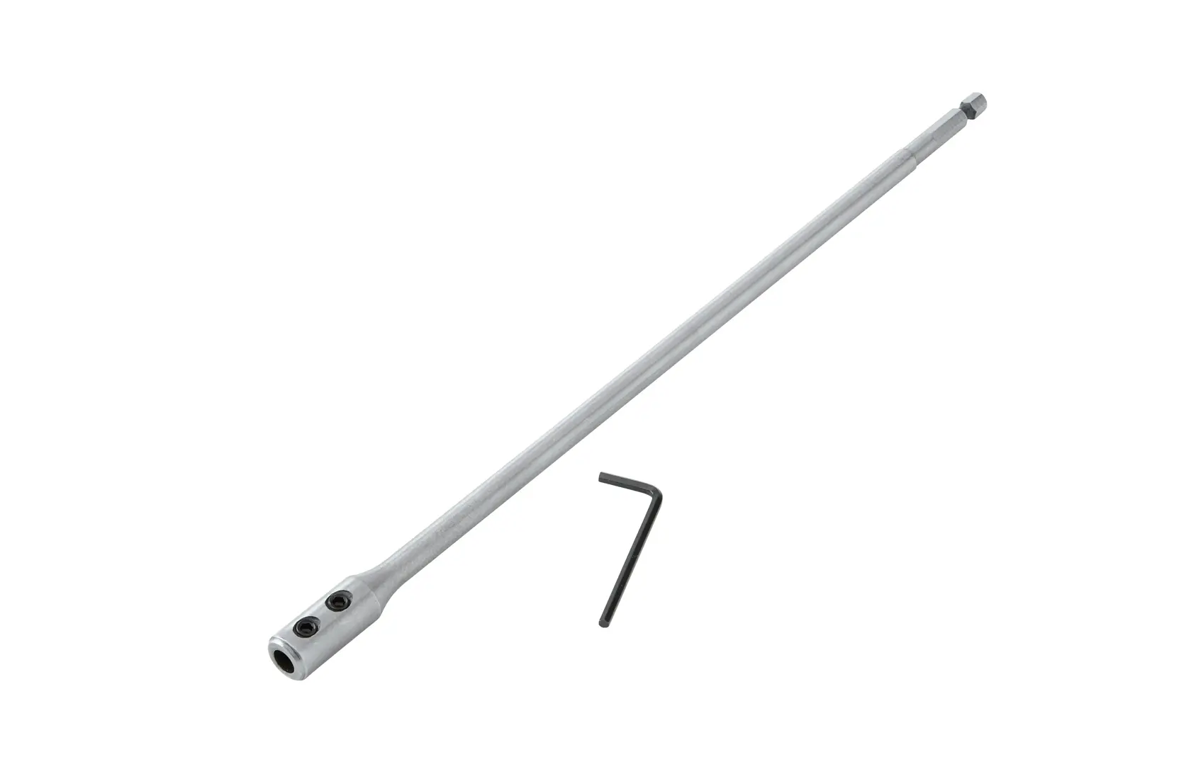 DEWALT drill extension shaft and small hex key on white background.