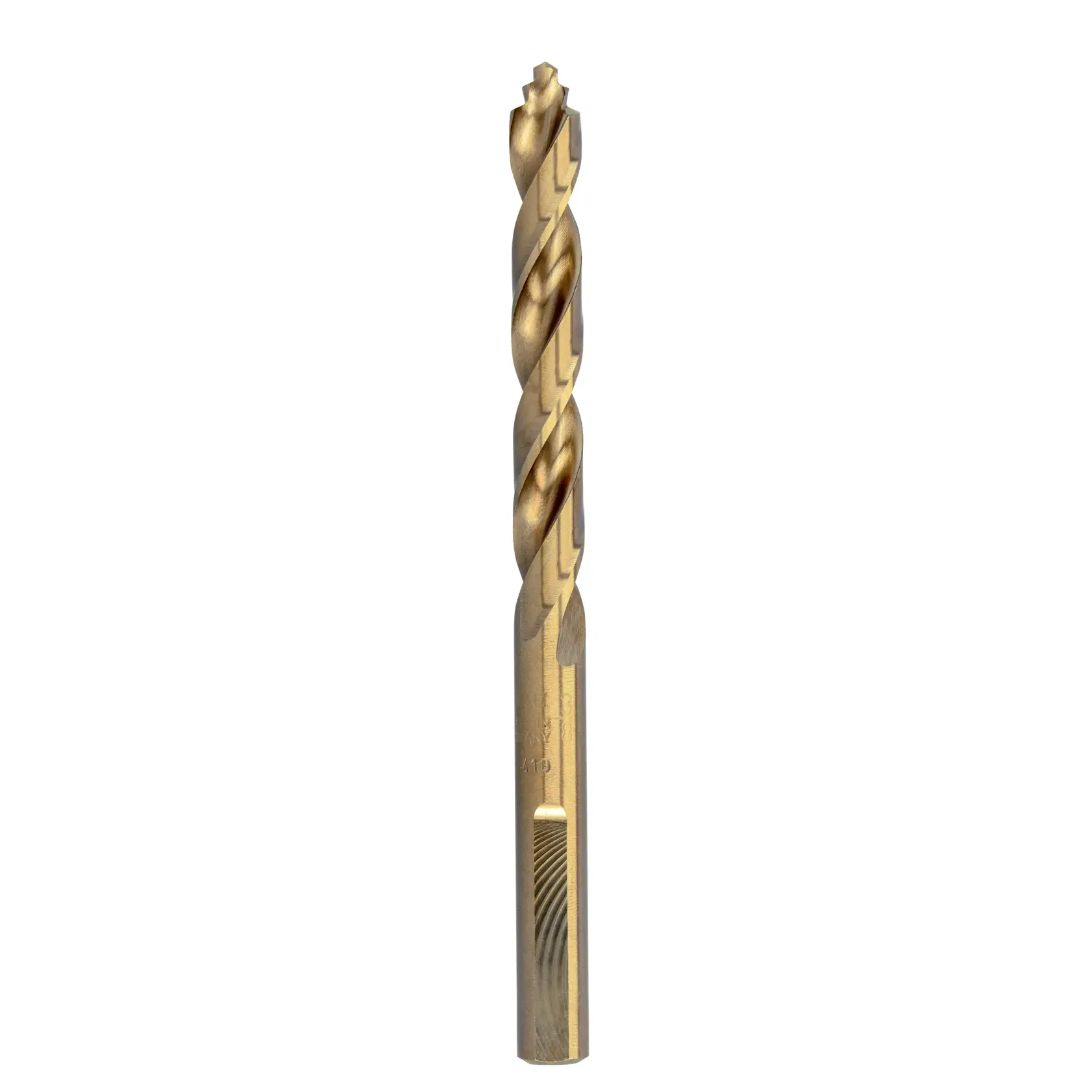 A gold-colored DEWALT drill bit with a spiral design, photographed on a white background. The bit is positioned vertically with its tip at the top.