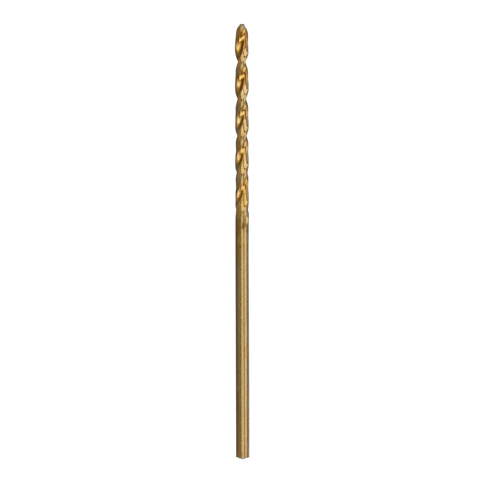 A single gold-colored metal drill bit standing upright on a white background.