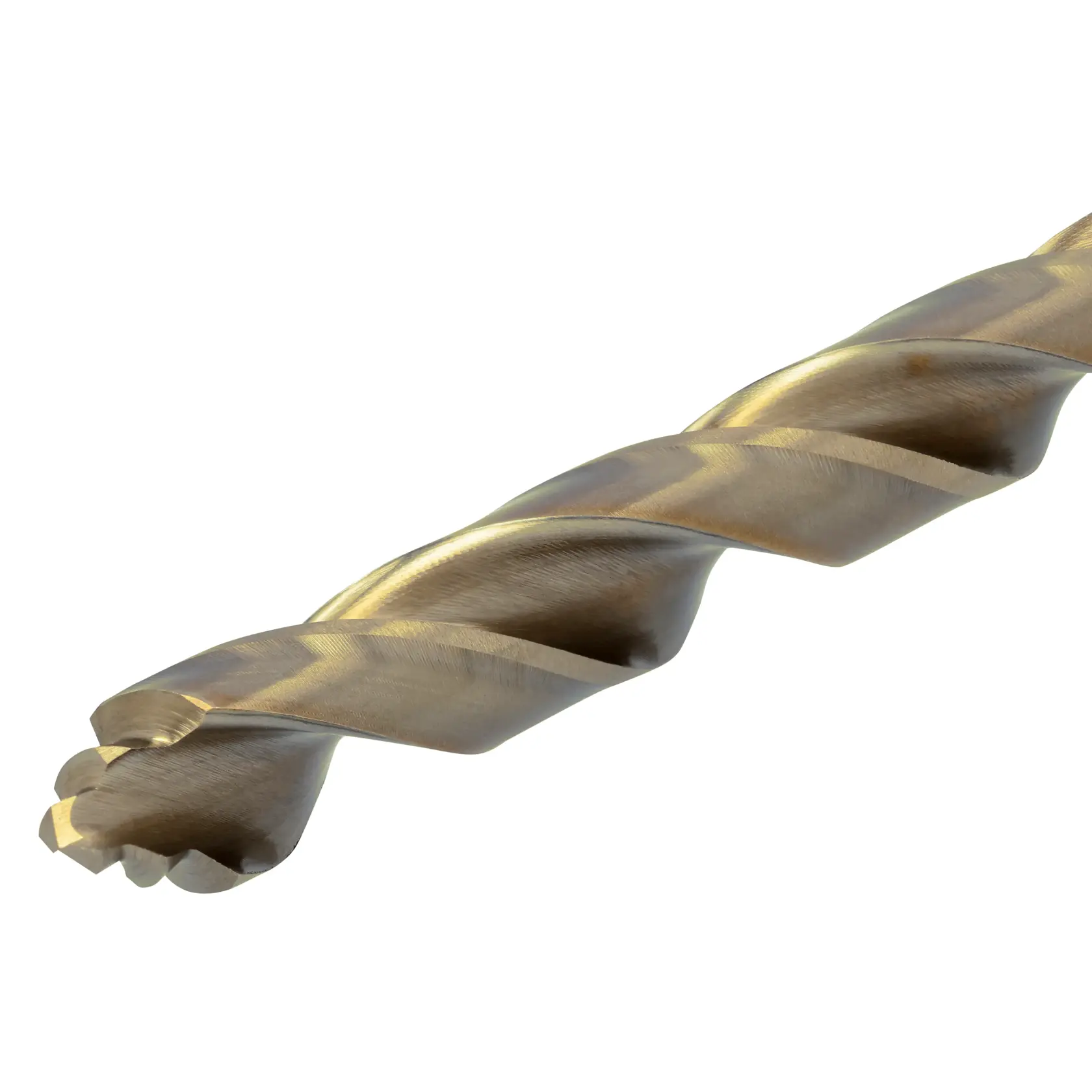Close-up of a DEWALT DT4967 gold metal drill bit with spiral flutes, set against a white background.