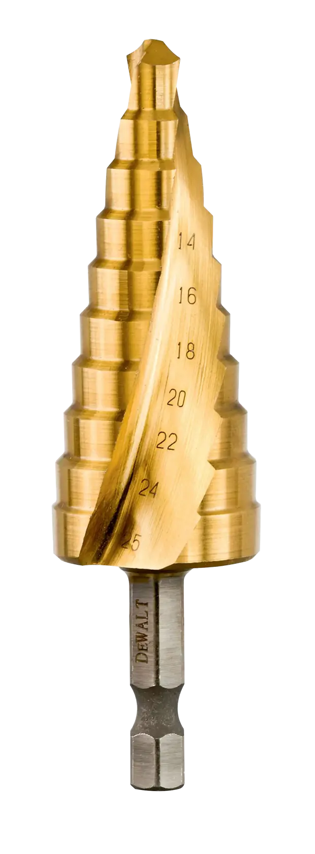 A gold-colored DEWALT step drill bit with multiple diameter steps and engraved size markings, designed for drilling various hole sizes in metal or plastic surfaces.