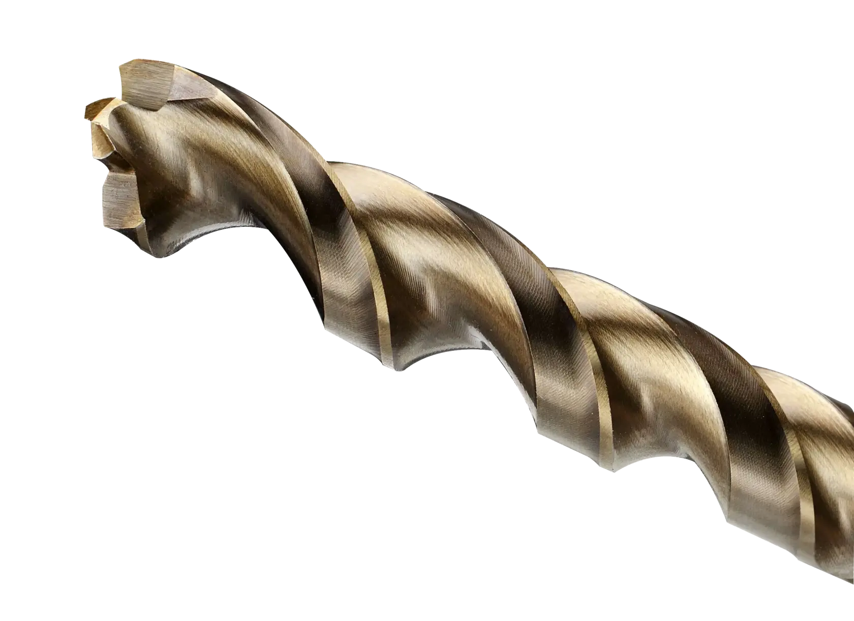 Close-up image of a metal drill bit with spiral flutes and a cutting edge, shown on a white background.