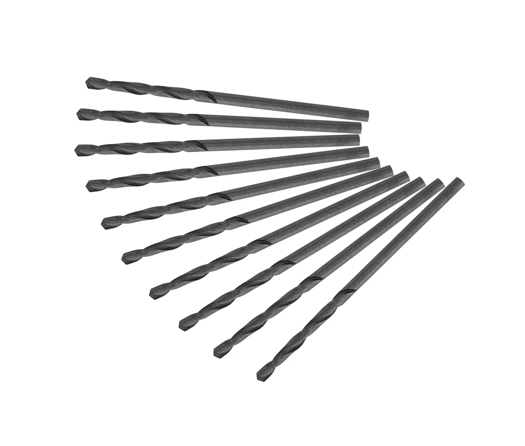 A set of ten DEWALT metal drill bits neatly arranged in a fanned formation on a white background.
