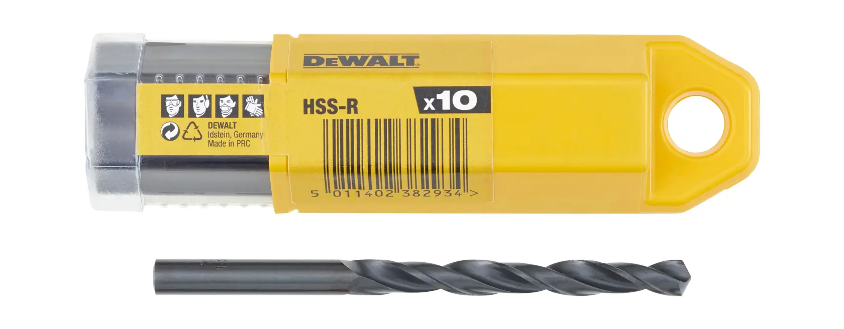 DEWALT DT5152 HSS-R drill bit pack with yellow case and a single drill bit displayed below.