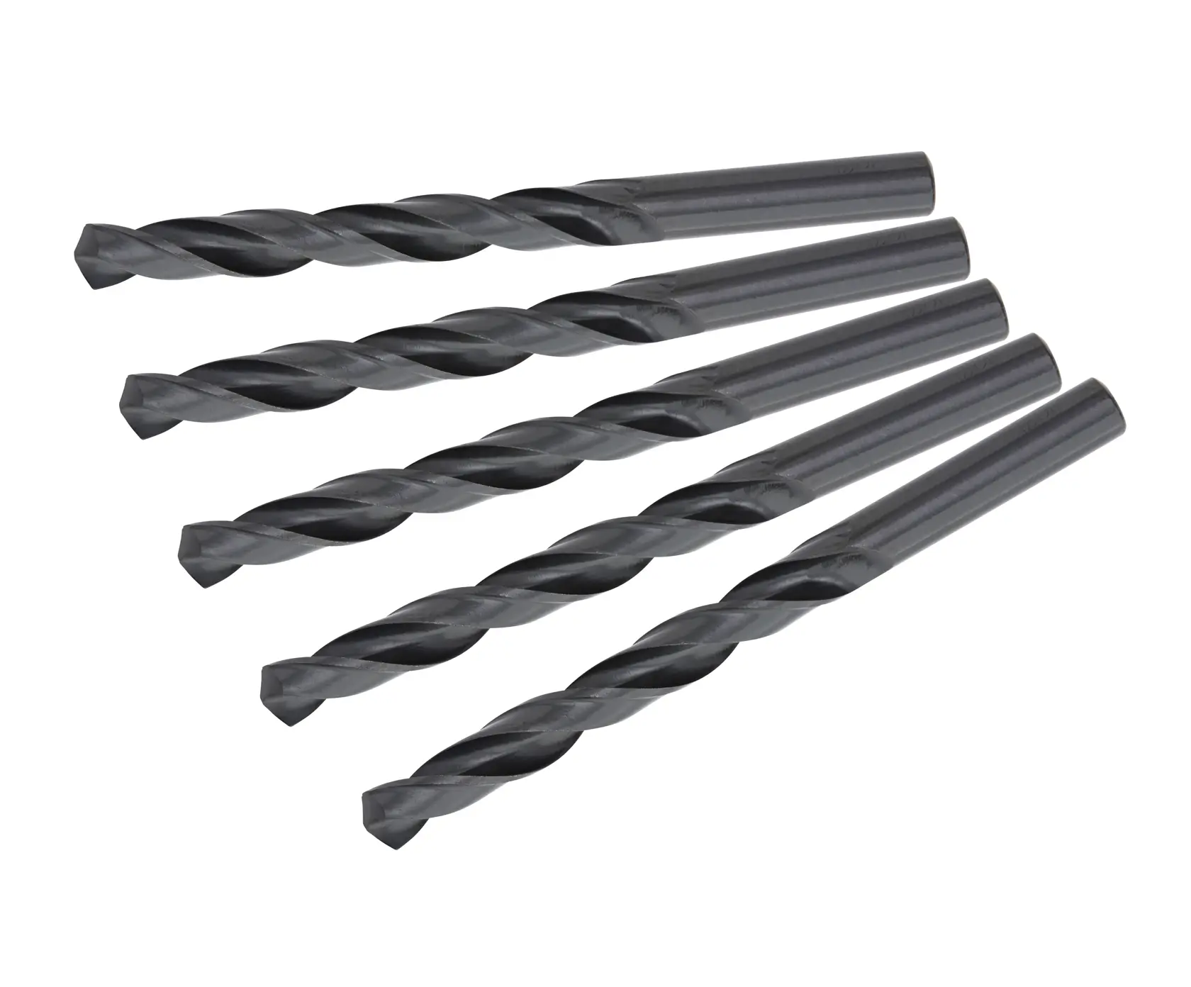 Five black twist drill bits are laid out diagonally side by side on a white background.