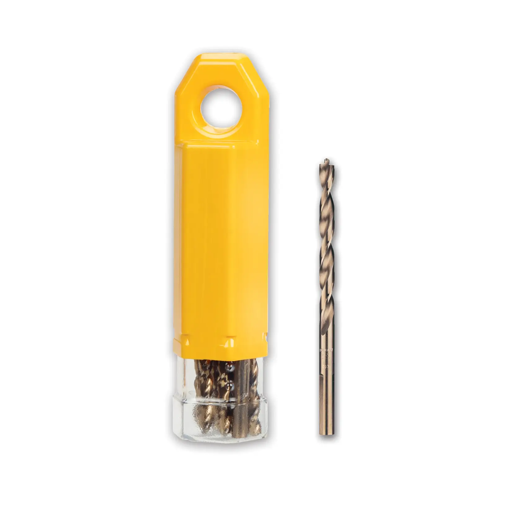 Juego de brocas DEWALT en estuche amarillo junto a una broca metálica sobre fondo blanco.