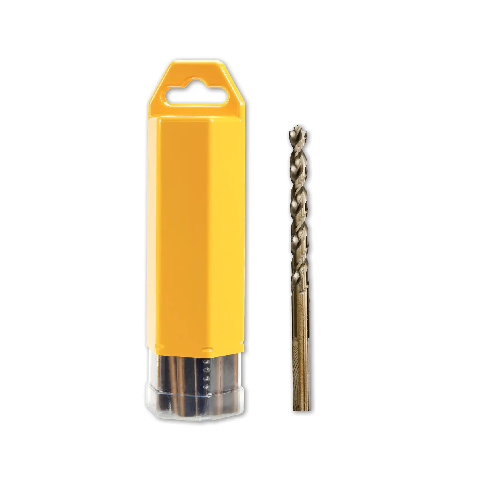 Broca DEWALT DT5551 con estuche de plástico amarillo, mostrado vertical sobre fondo blanco.