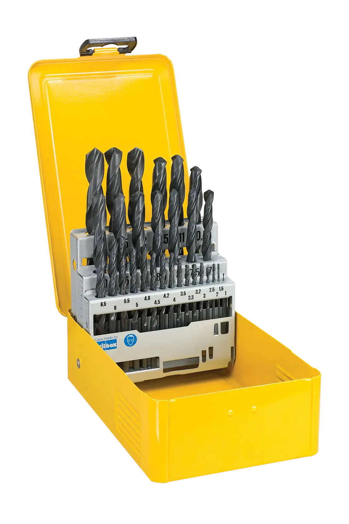 Yellow metal box containing assorted drill bits arranged by size for easy selection.