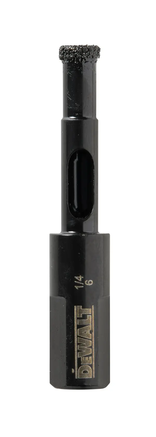 A DEWALT branded black drill bit with a cylindrical diamond-coated tip and hexagonal shank, suitable for precision drilling tasks.