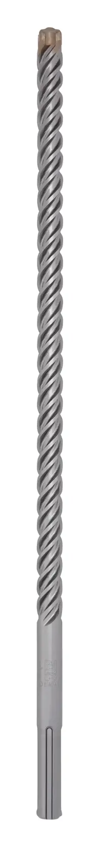 Broca larga DEWALT SDS-plus plateada con ranuras en espiral, mostrada vertical sobre fondo blanco.
