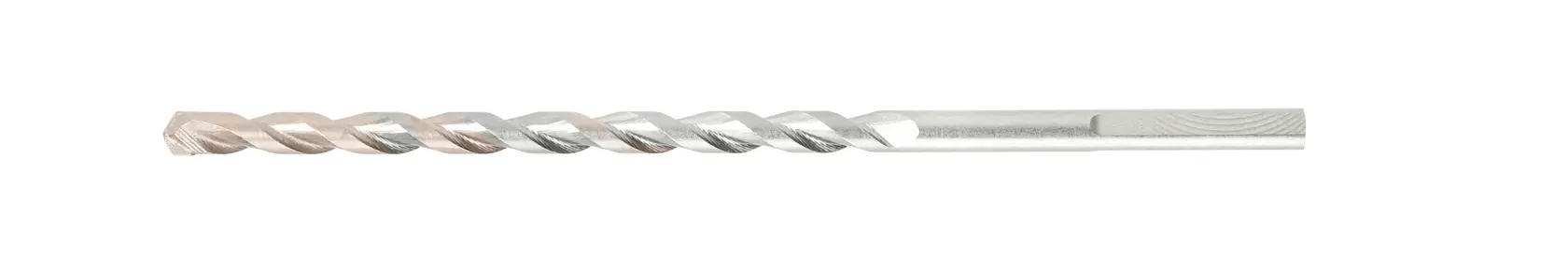 A single long, metal drill bit with spiral fluting displayed on a plain white background.