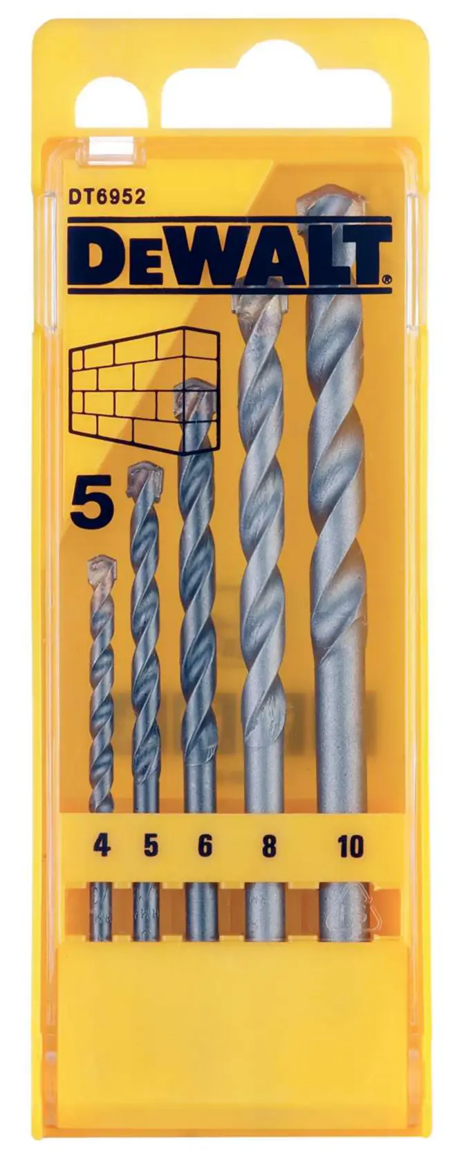 A DEWALT-branded yellow plastic case containing five masonry drill bits of various sizes, labeled 4, 5, 6, 8, and 10. The packaging has black and blue text and includes a wall illustration.