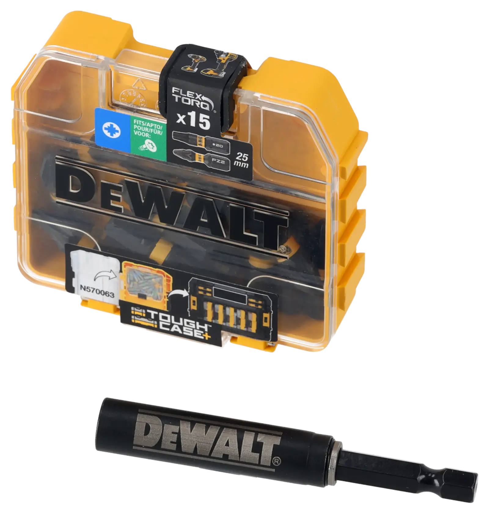 Gráfico mostrando a marca DEWALT XTREME Sub-Compact Series com o slogan 'Compacto e cheio de desempenho' em um fundo amarelo.
