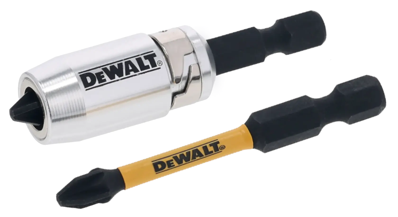 DEWALT screwdriver bit set with magnetic holder and a single yellow Phillips bit.