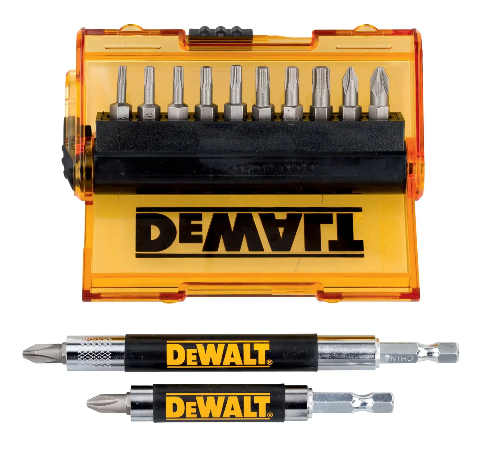 A DEWALT branded yellow and black case containing a set of screwdriver bits, with two DEWALT screwdriver bit holders displayed below the case.