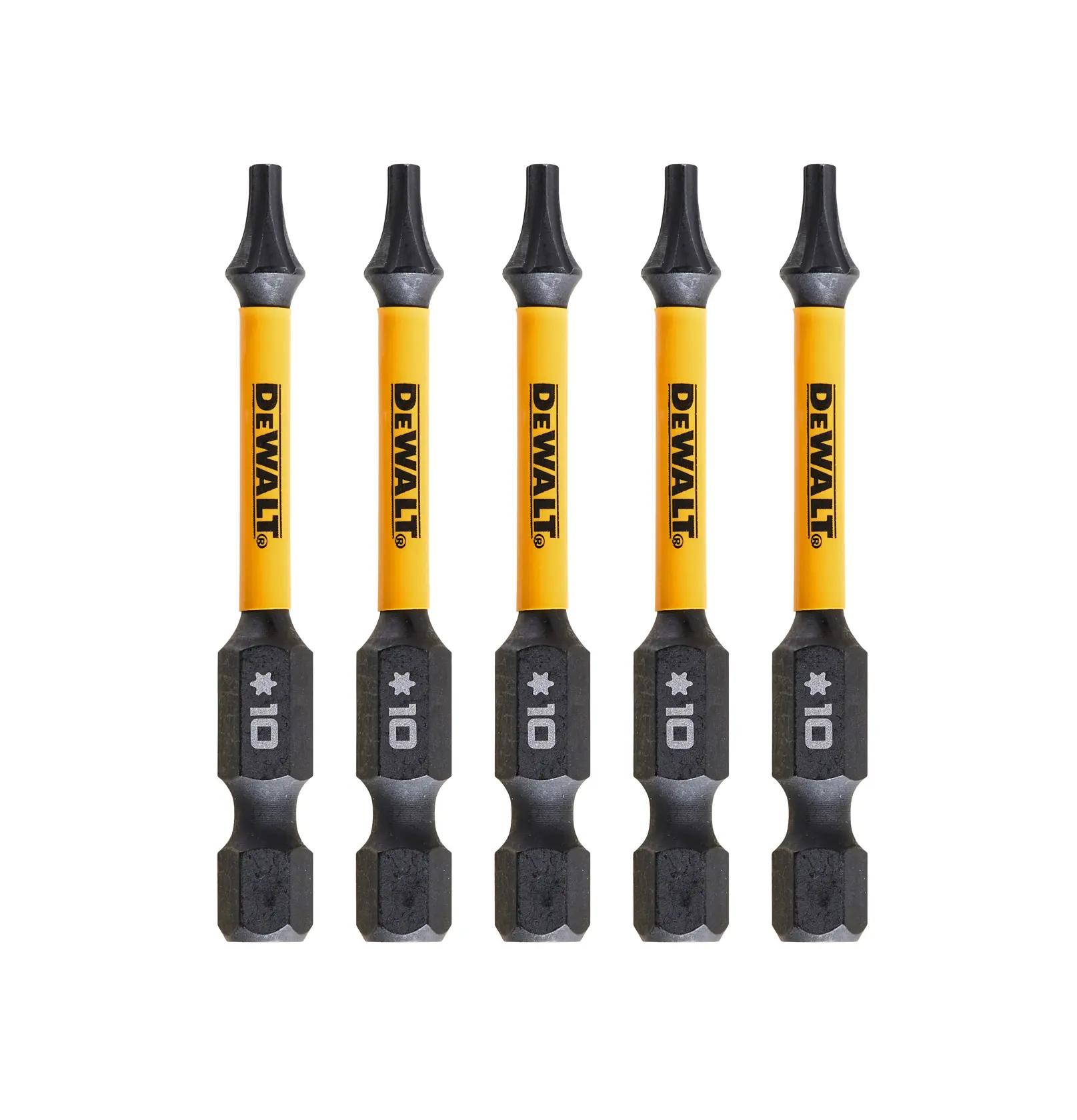 Five DEWALT star screwdriver bits, size TX10, with yellow shafts and black tips, arranged upright on white background.