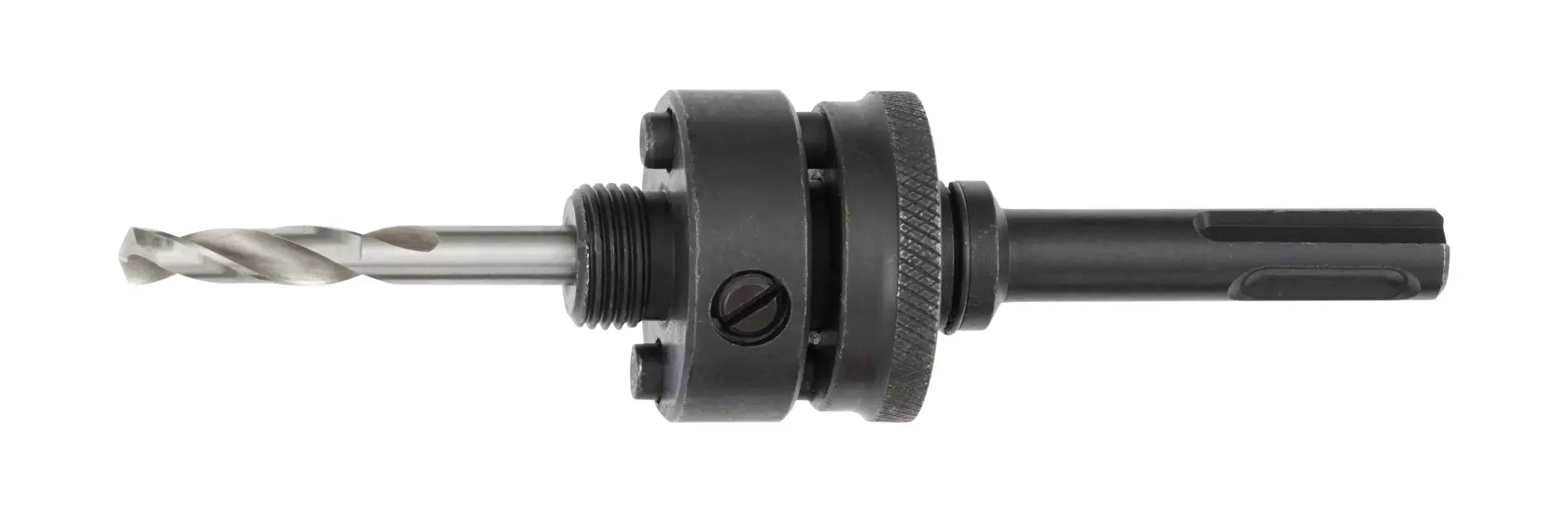 A DEWALT hole saw arbor with pilot drill bit and SDS-plus shank, shown against a white background.